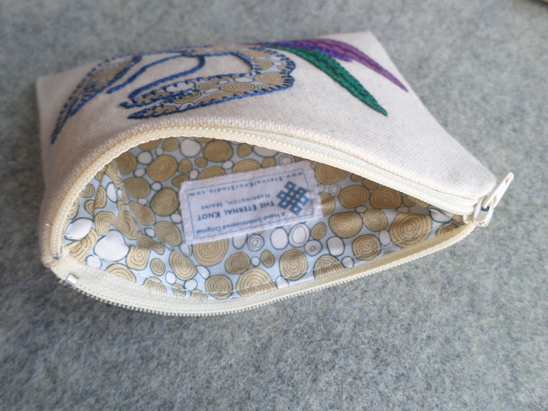 Maine Lobster Zip Bag, Hand Embroidered Coin Purse
