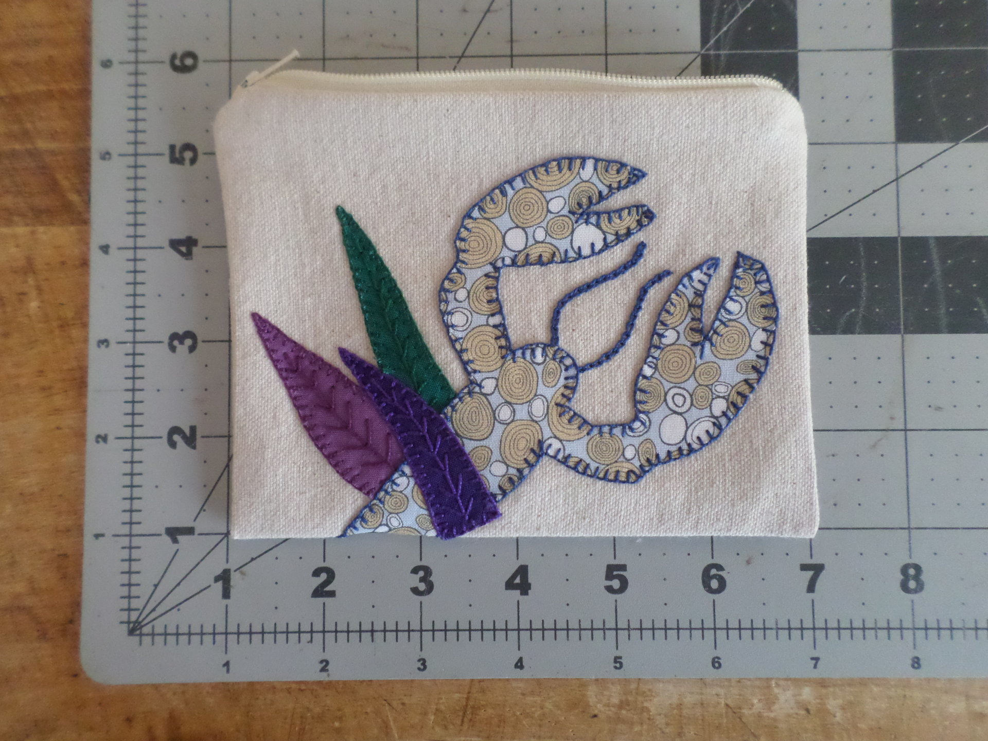 Maine Lobster Zip Bag, Hand Embroidered Coin Purse