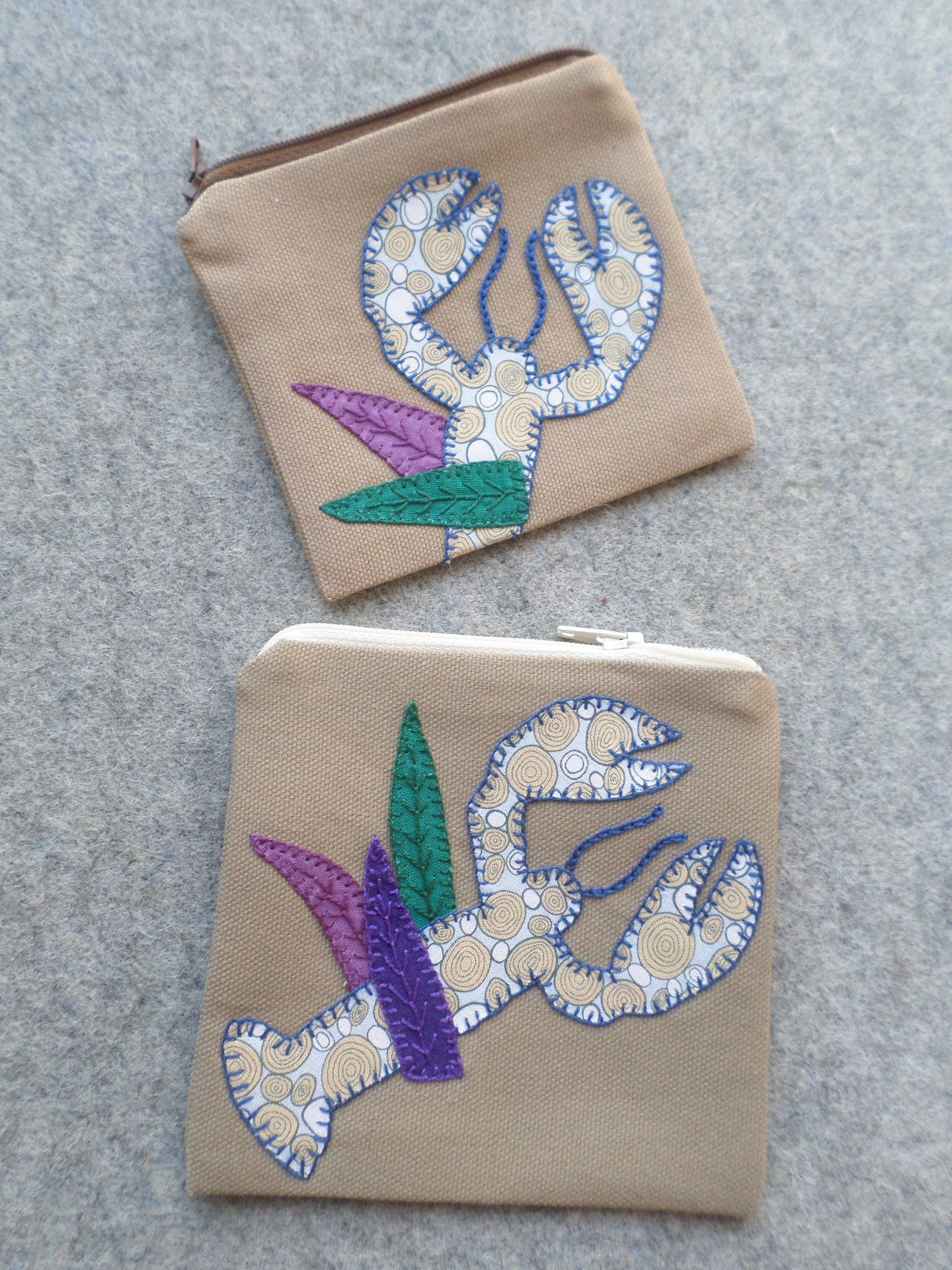 Maine Lobster Zip Bag, Hand Embroidered Coin Purse