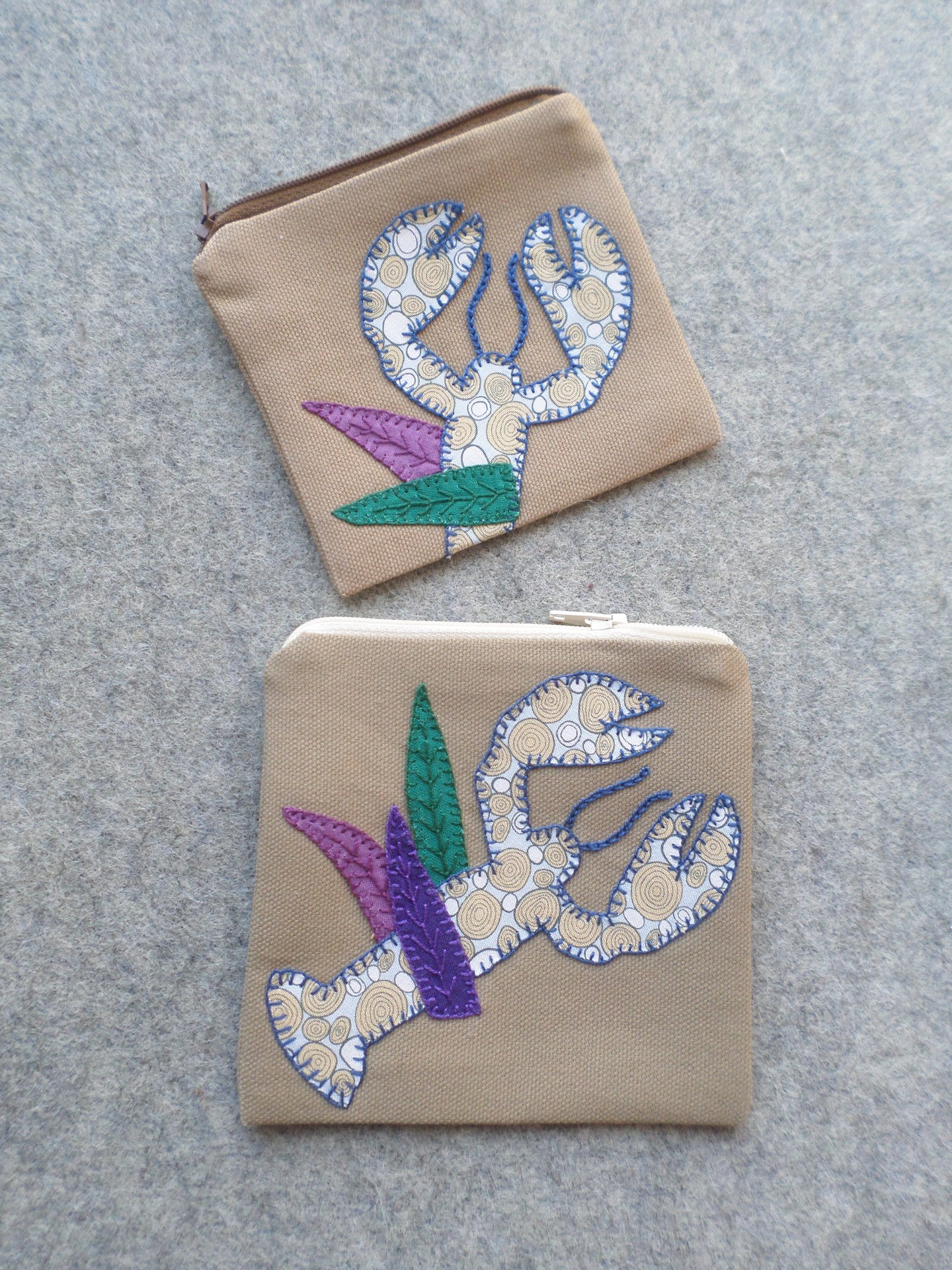 Maine Lobster Zip Bag, Hand Embroidered Coin Purse