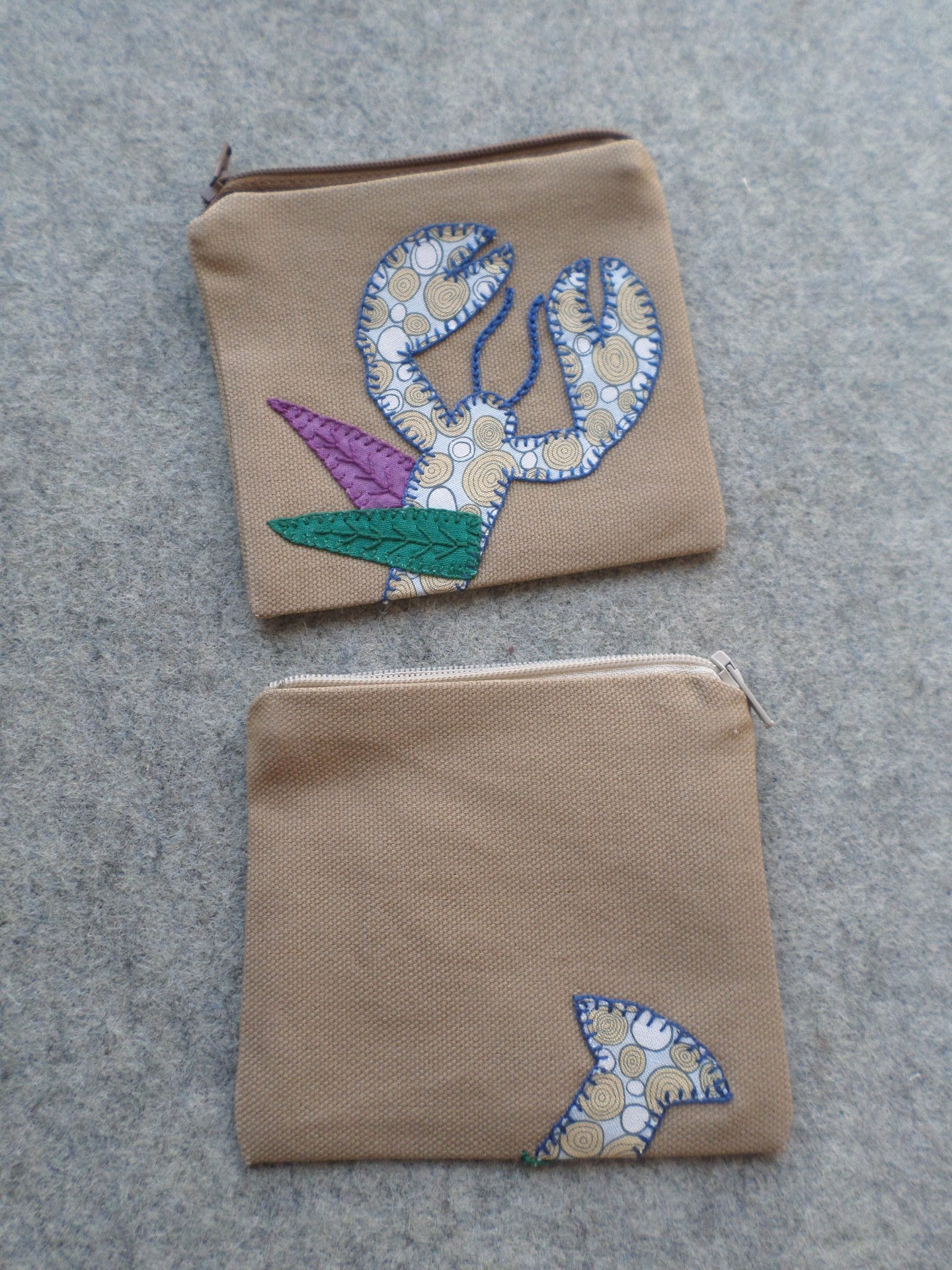 Maine Lobster Zip Bag, Hand Embroidered Coin Purse