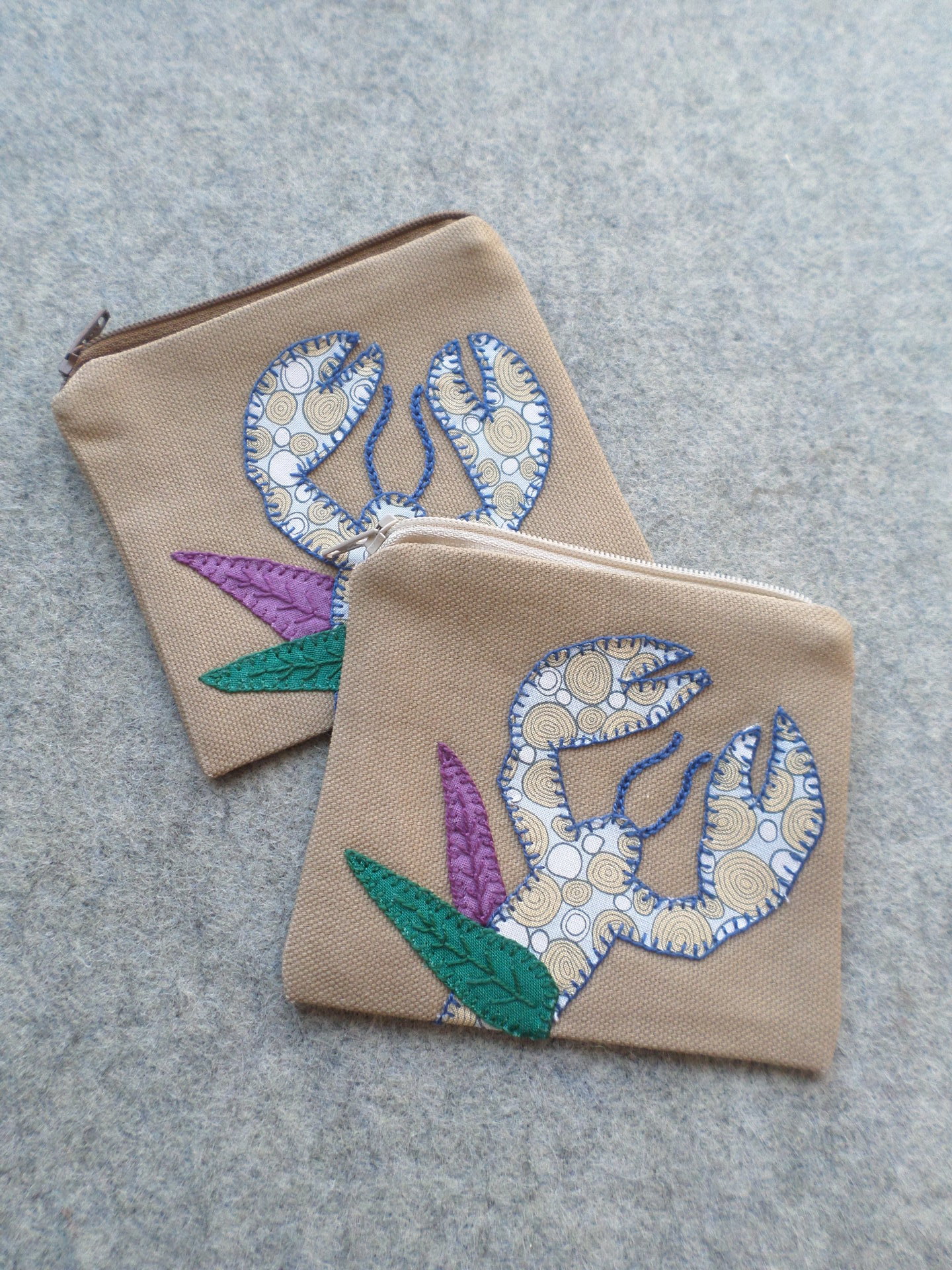 Maine Lobster Zip Bag, Hand Embroidered Coin Purse