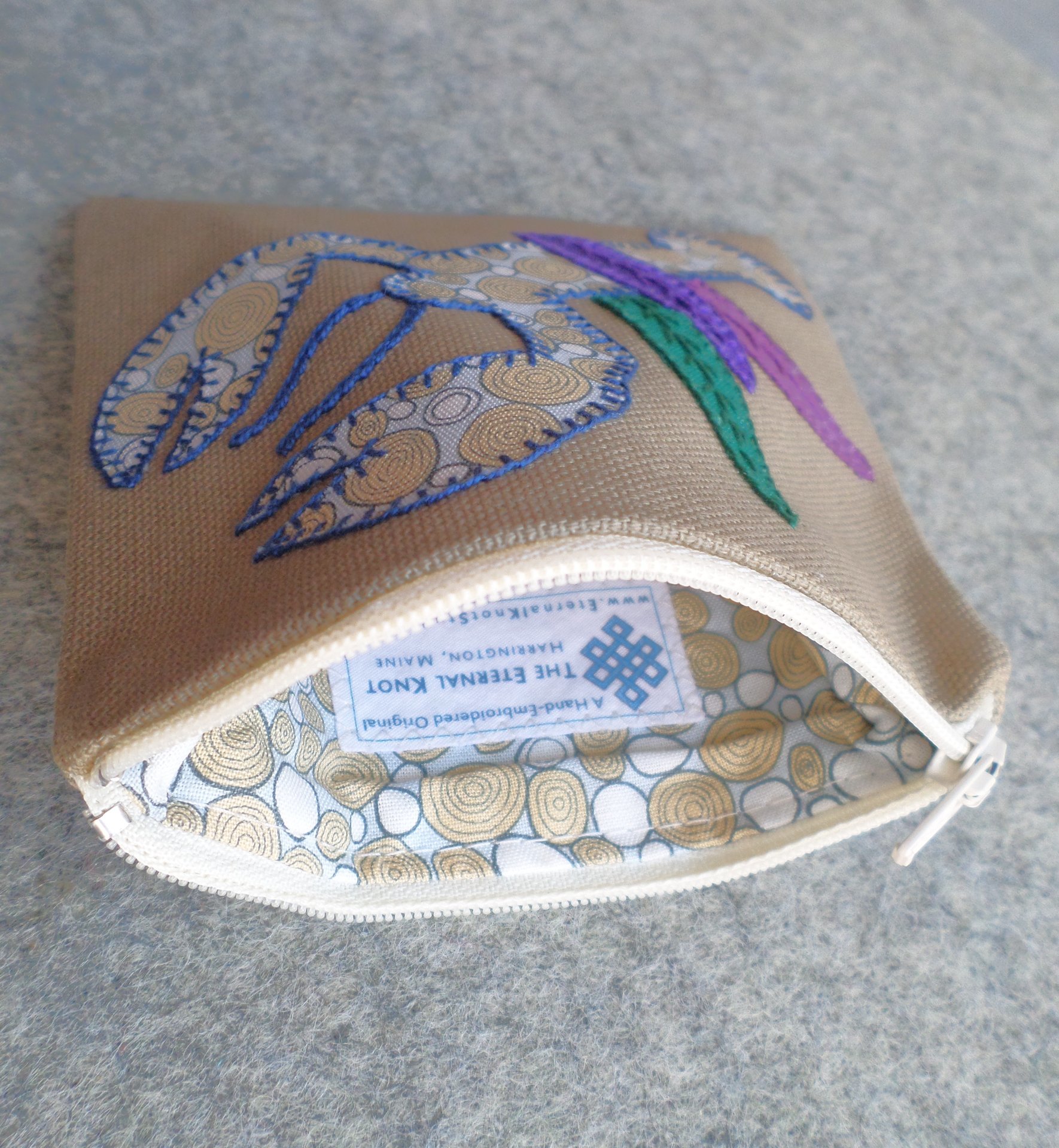 Maine Lobster Zip Bag, Hand Embroidered Coin Purse
