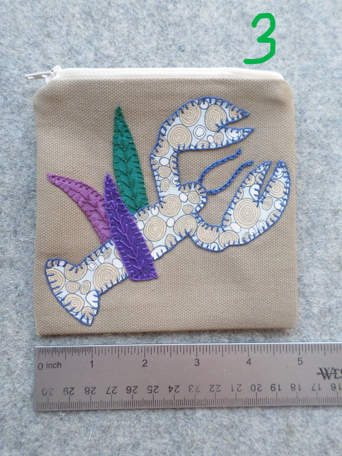 Maine Lobster Zip Bag, Hand Embroidered Coin Purse