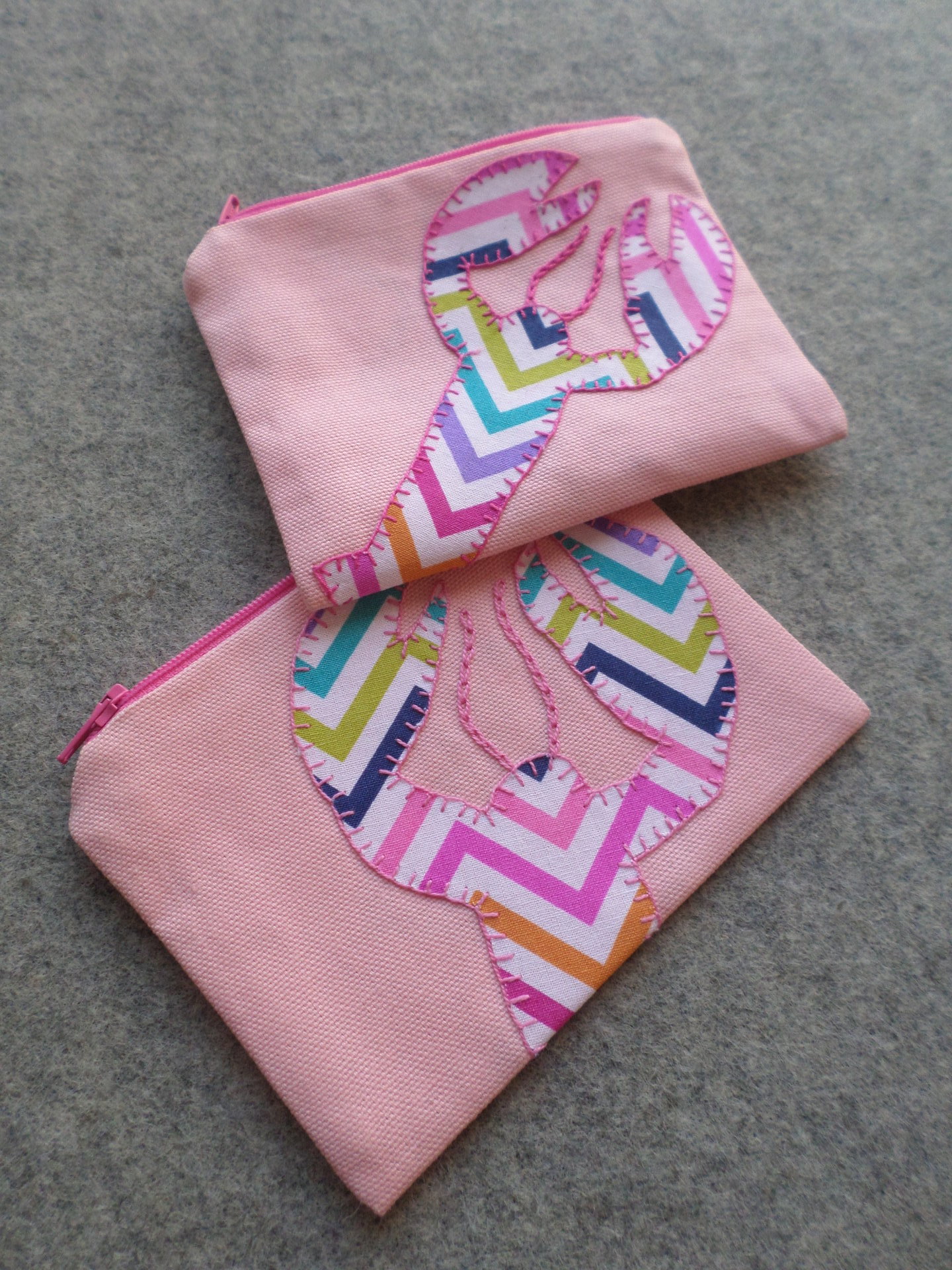 Maine Lobster Zip Bag, Hand Embroidered Pink Coin Purse with Rainbow Chevron Design