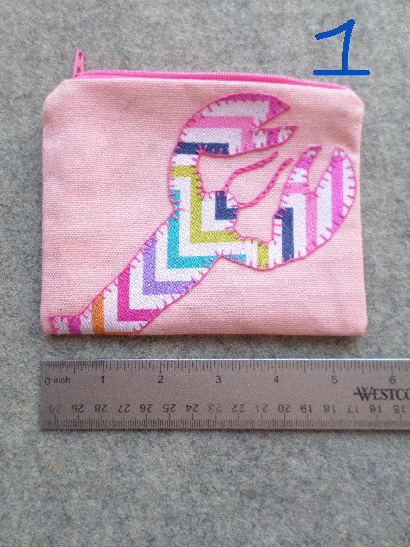 Maine Lobster Zip Bag, Hand Embroidered Pink Coin Purse with Rainbow Chevron Design