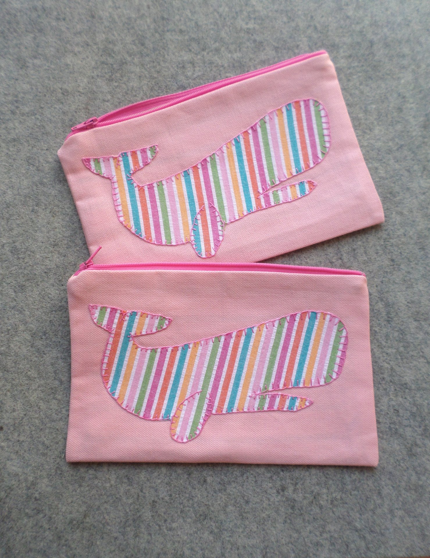 Rainbow Whale Clutch Bag, Hand Embroidered Pink Zipper Wallet, Pencil Case, Zip Pouch