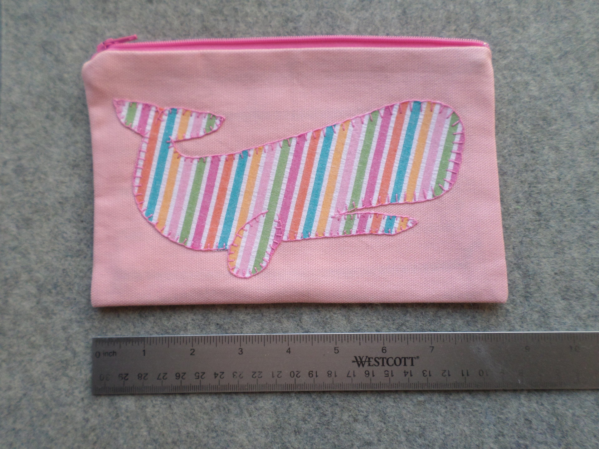 Rainbow Whale Clutch Bag, Hand Embroidered Pink Zipper Wallet, Pencil Case, Zip Pouch