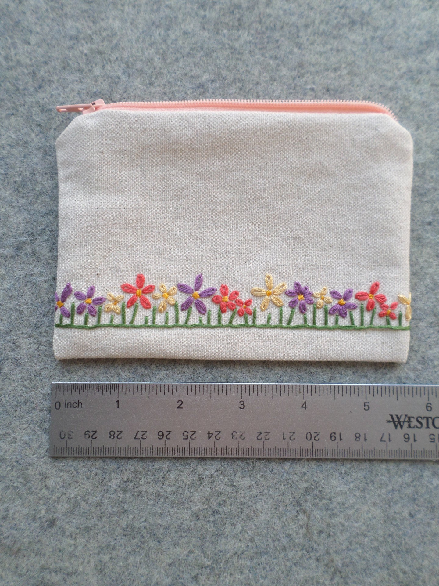 Wildflowers Zip Bag, Hand Embroidered Coin Purse with Floral Design