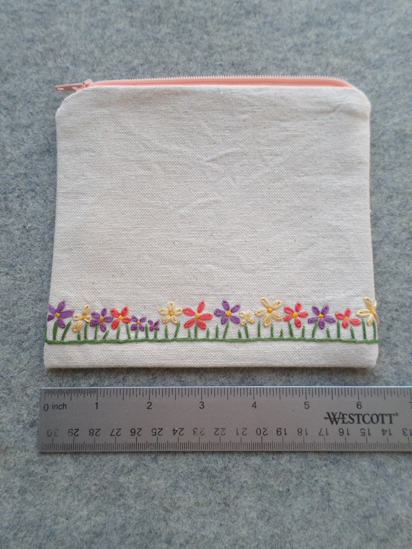 Wildflowers Zip Bag, Hand Embroidered Coin Purse with Floral Design
