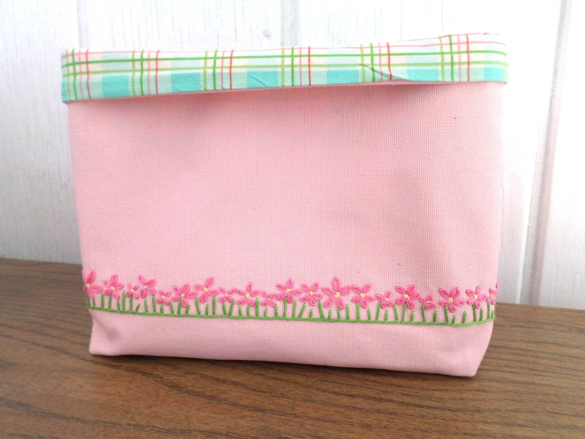 Daisies Hand Embroidered Canvas Fabric Basket