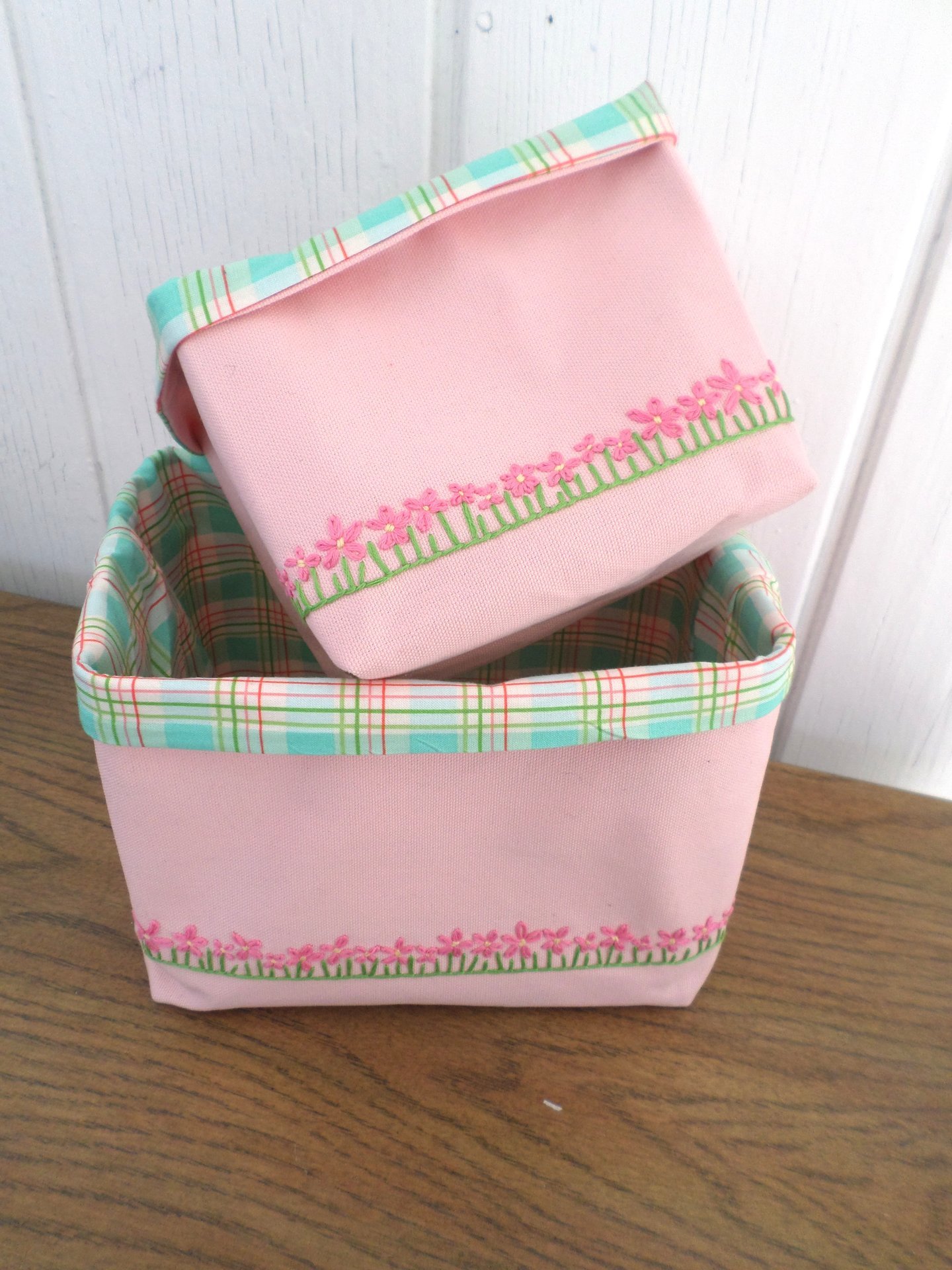 Daisies Hand Embroidered Canvas Fabric Basket