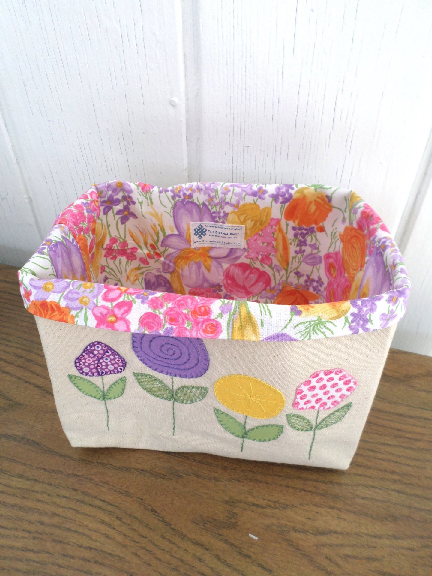 Spring Flowers Hand Embroidered Canvas Fabric Basket