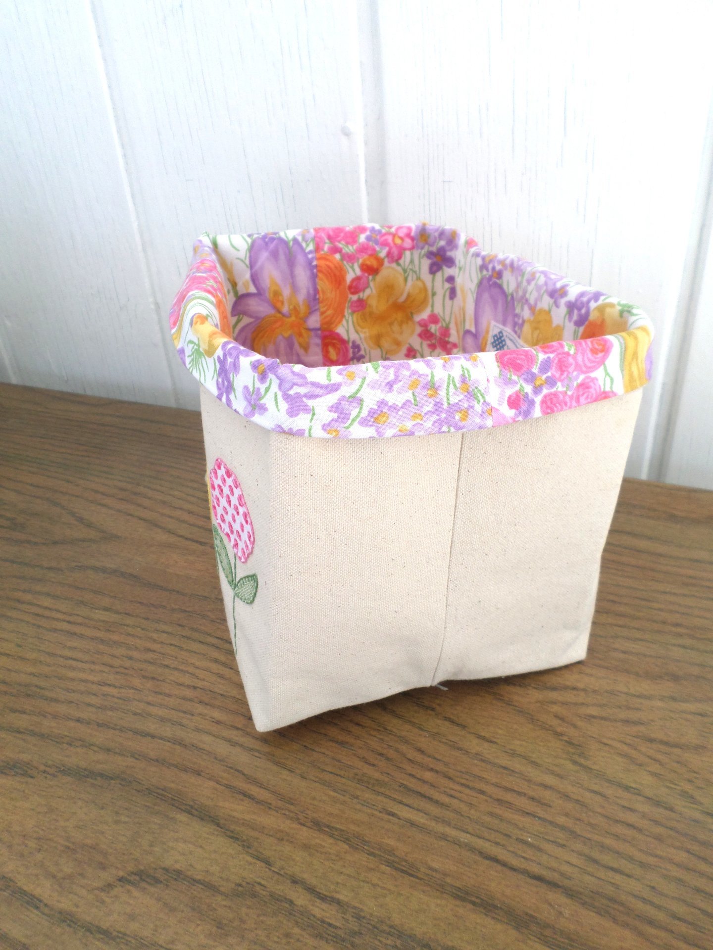 Spring Flowers Hand Embroidered Canvas Fabric Basket