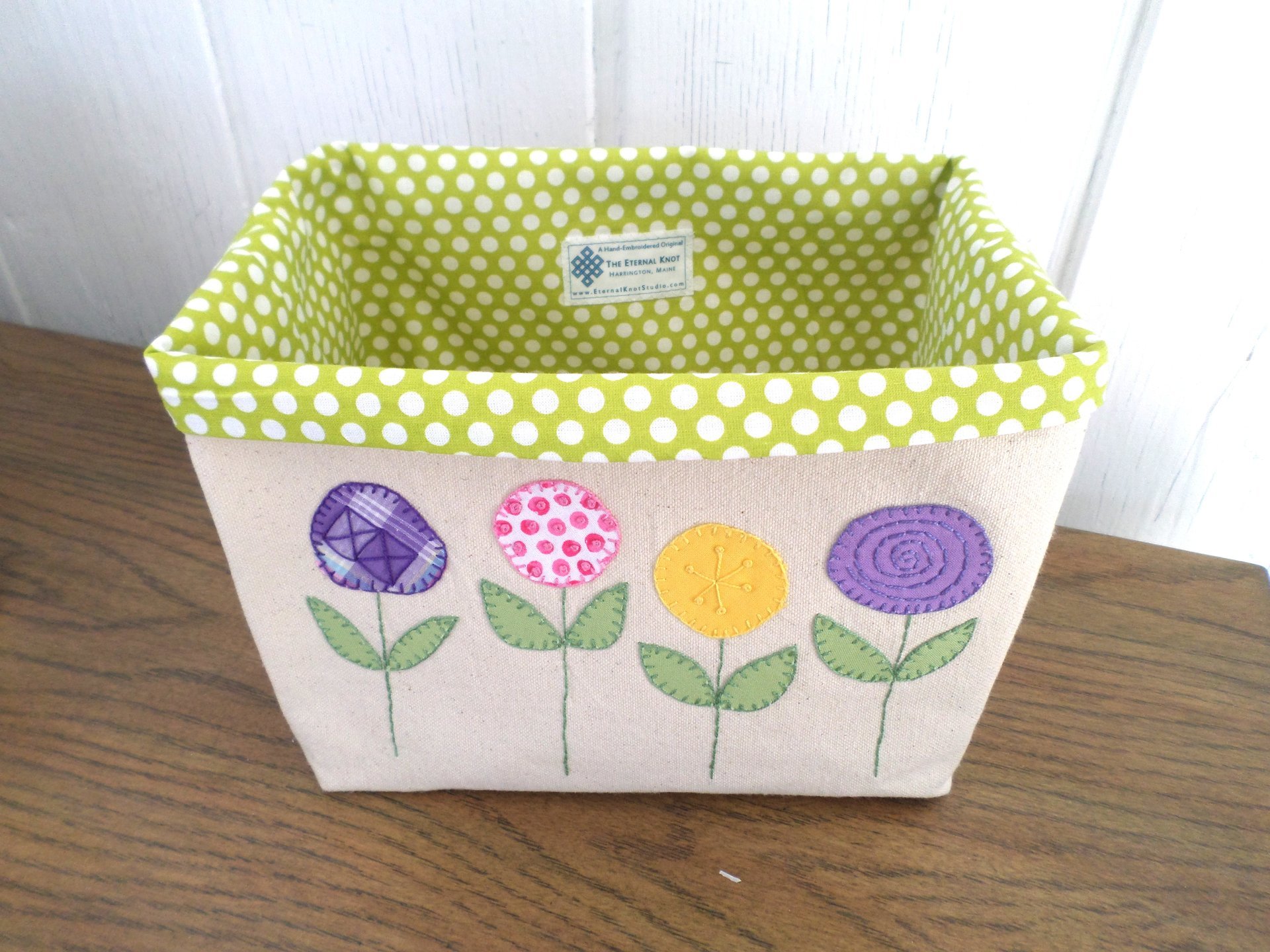 Spring Flowers Hand Embroidered Canvas Fabric Basket
