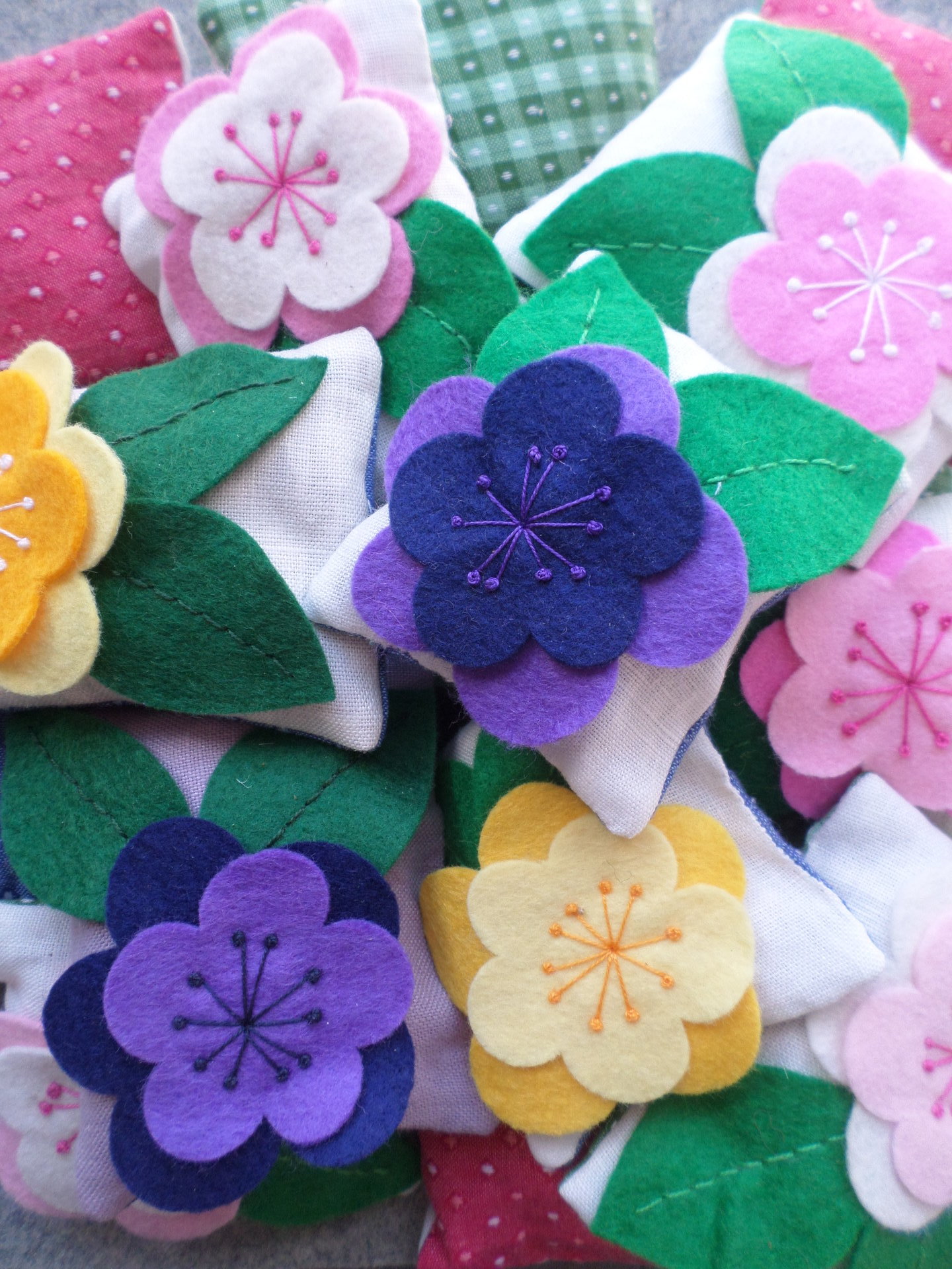 Lavender Sachet Hand Embroidered Pink, Yellow or Purple Felt Flower