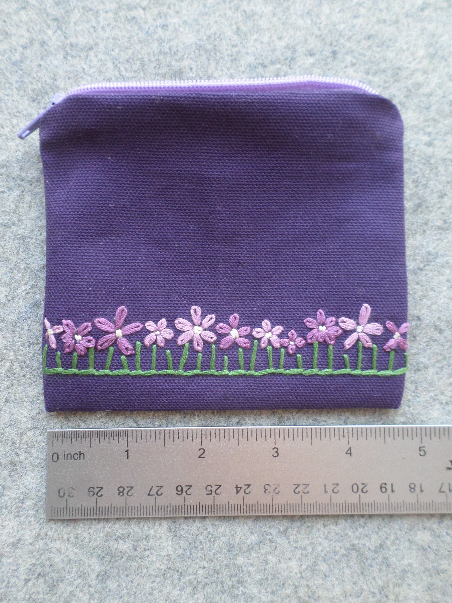 Violets Zip Bag, Hand Embroidered Coin Purse with Purple Flower Design