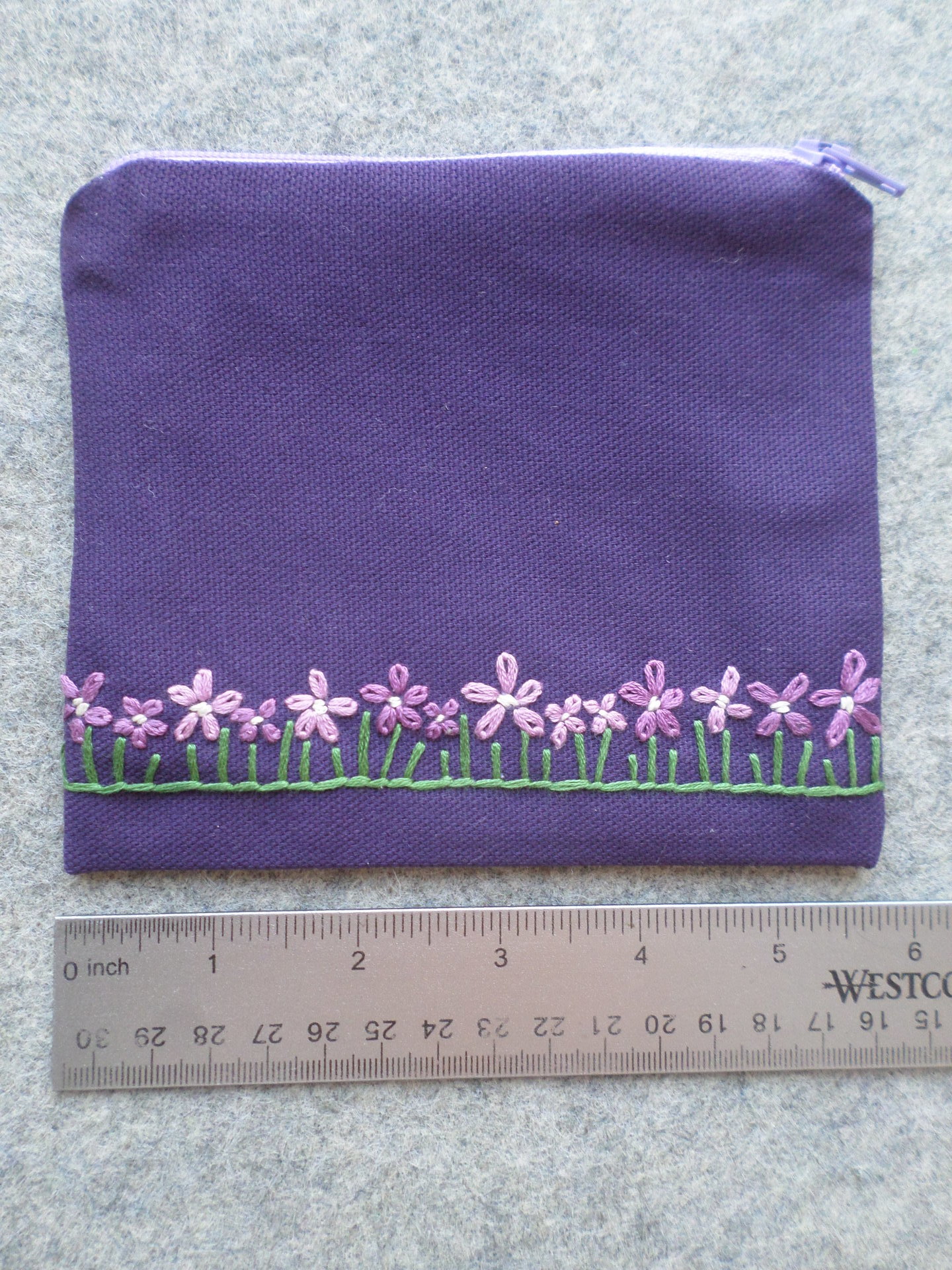 Violets Zip Bag, Hand Embroidered Coin Purse with Purple Flower Design