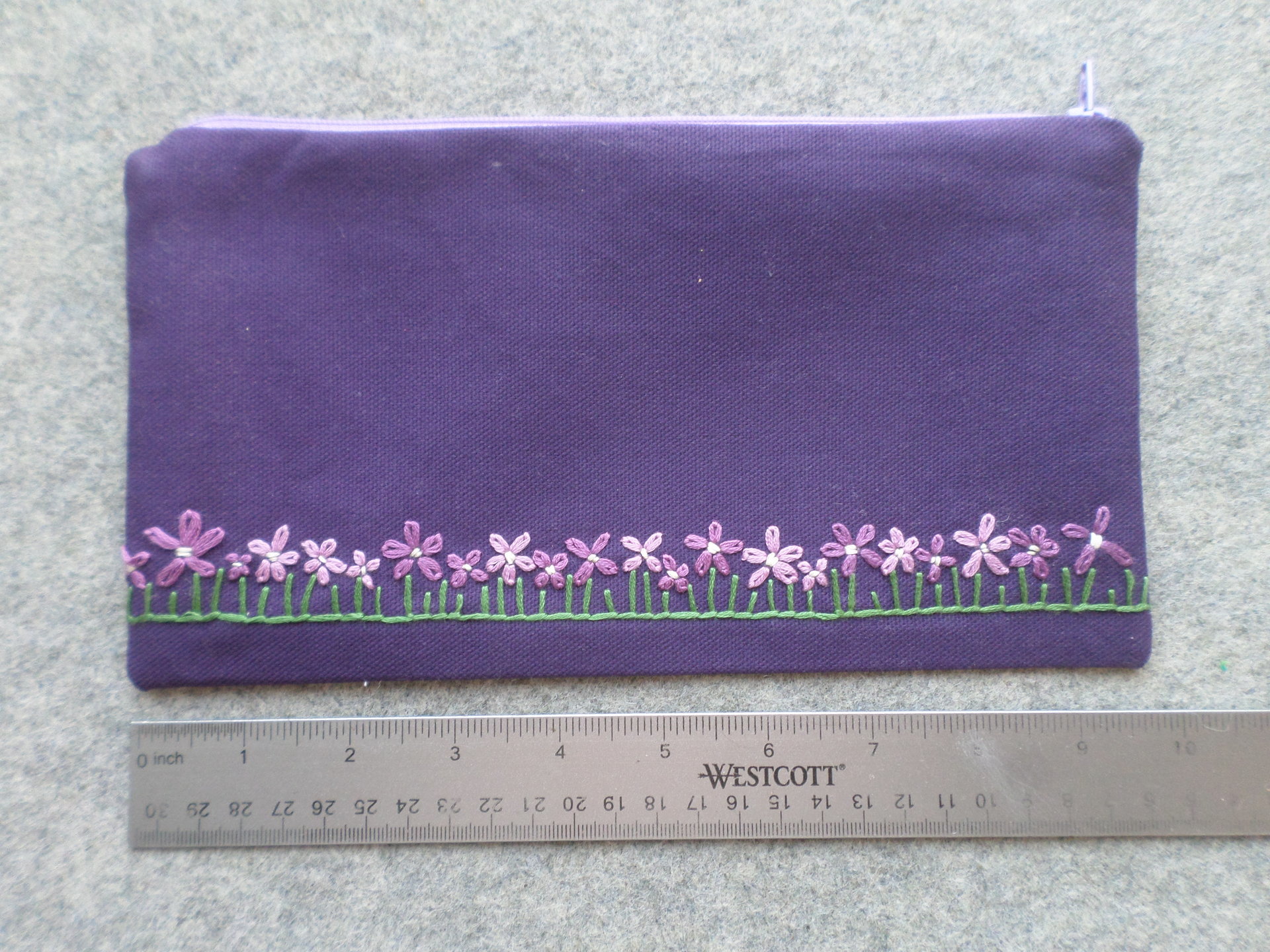 Violets Zip Bag, Hand Embroidered Coin Purse with Purple Flower Design