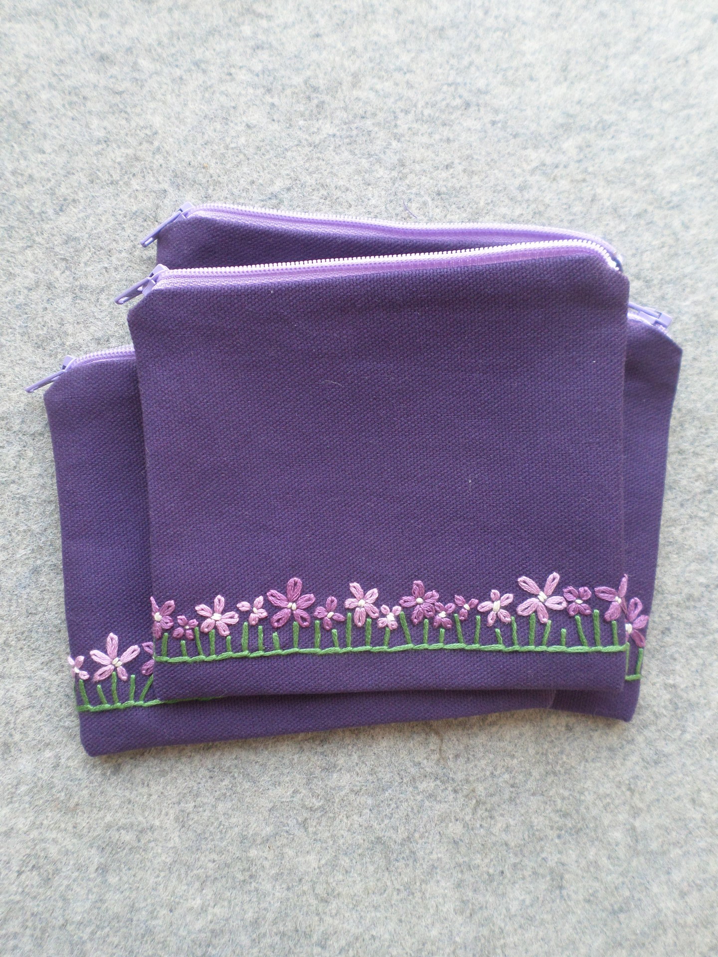 Violets Zip Bag, Hand Embroidered Coin Purse with Purple Flower Design