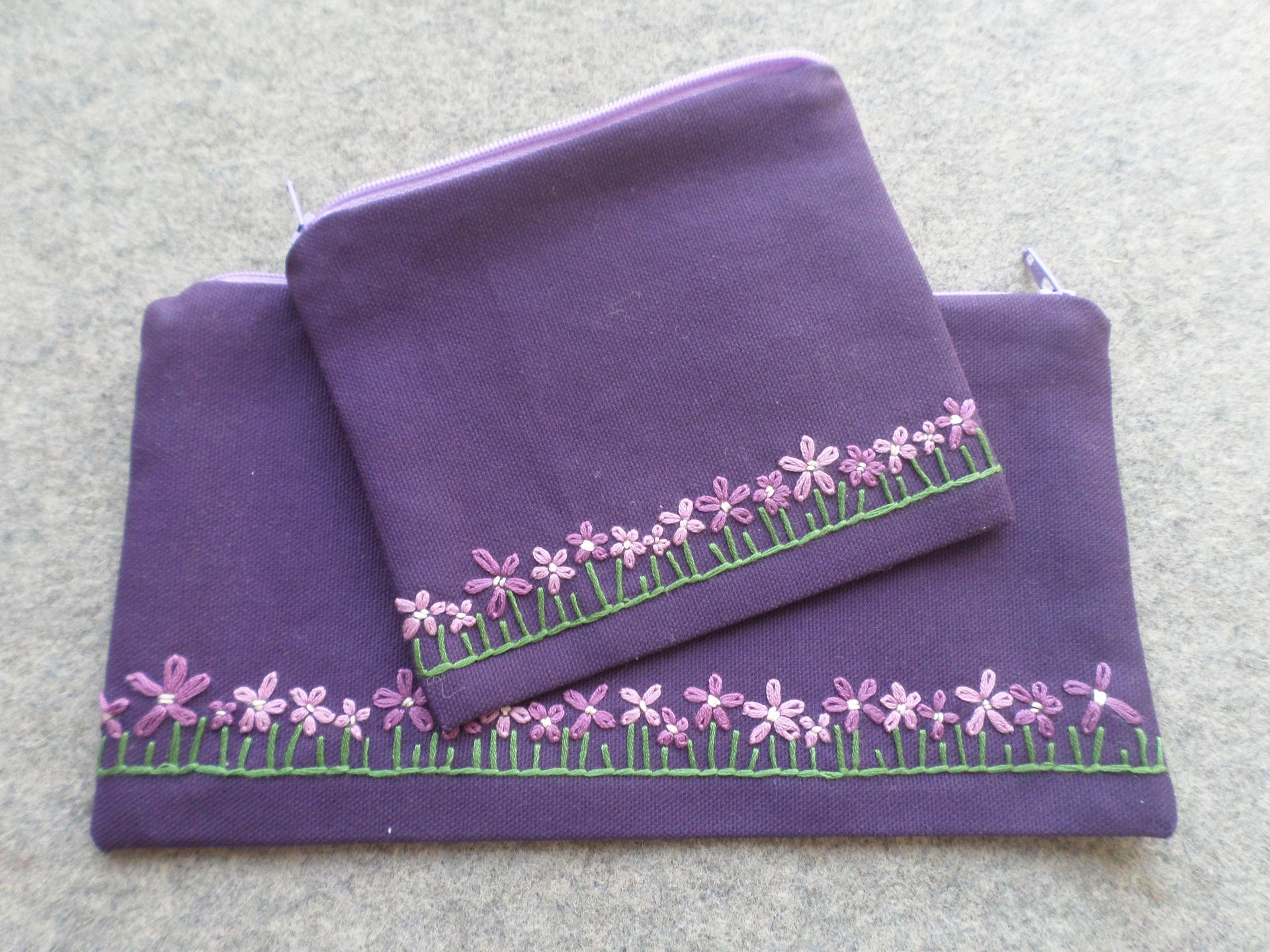 Violets Zip Bag, Hand Embroidered Coin Purse with Purple Flower Design