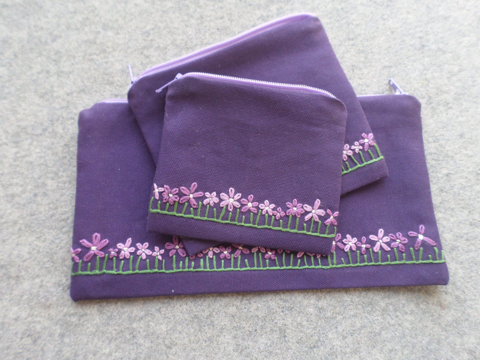 Violets Zip Bag, Hand Embroidered Coin Purse with Purple Flower Design
