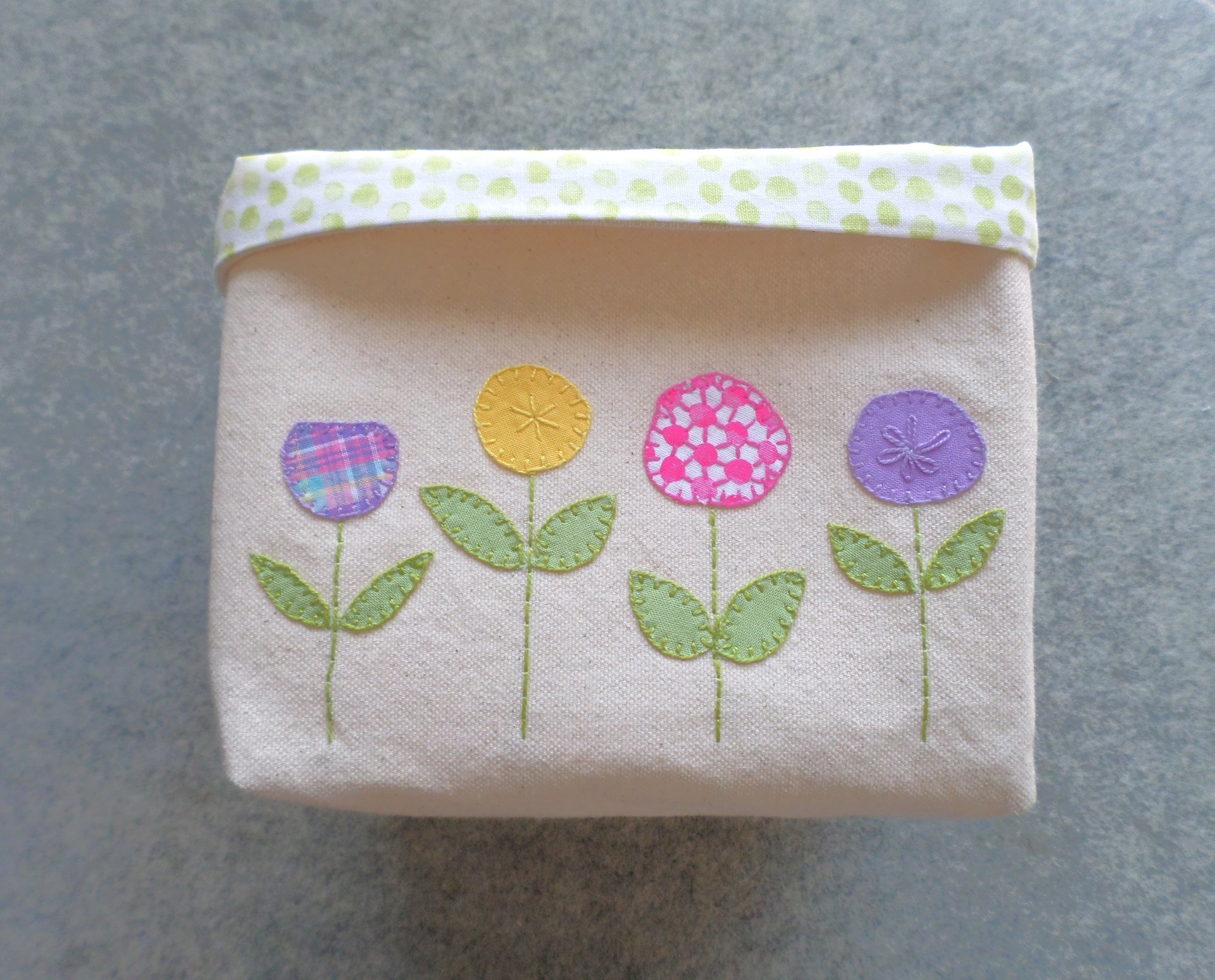 Spring Flowers Hand Embroidered Canvas Fabric Basket