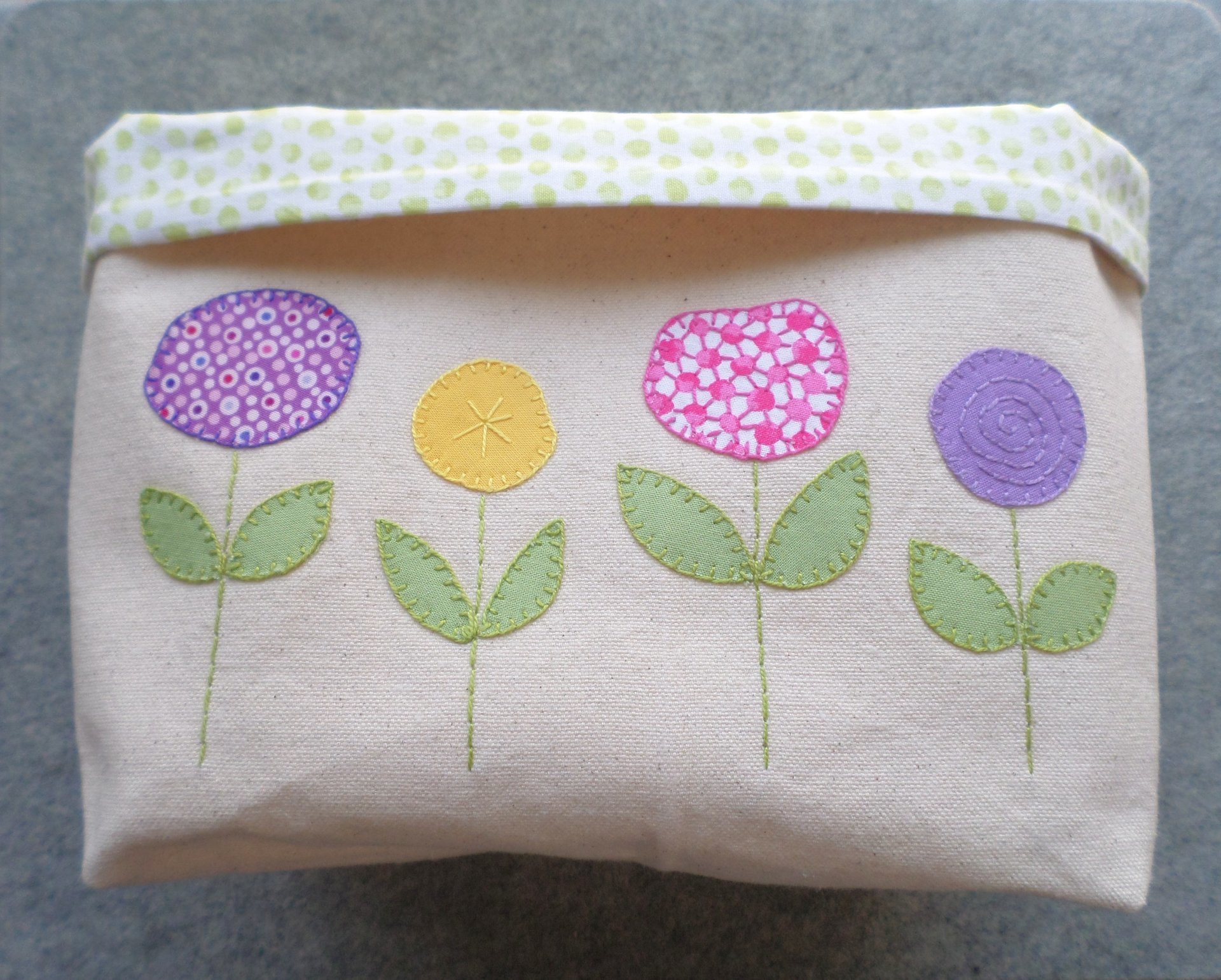 Spring Flowers Hand Embroidered Canvas Fabric Basket