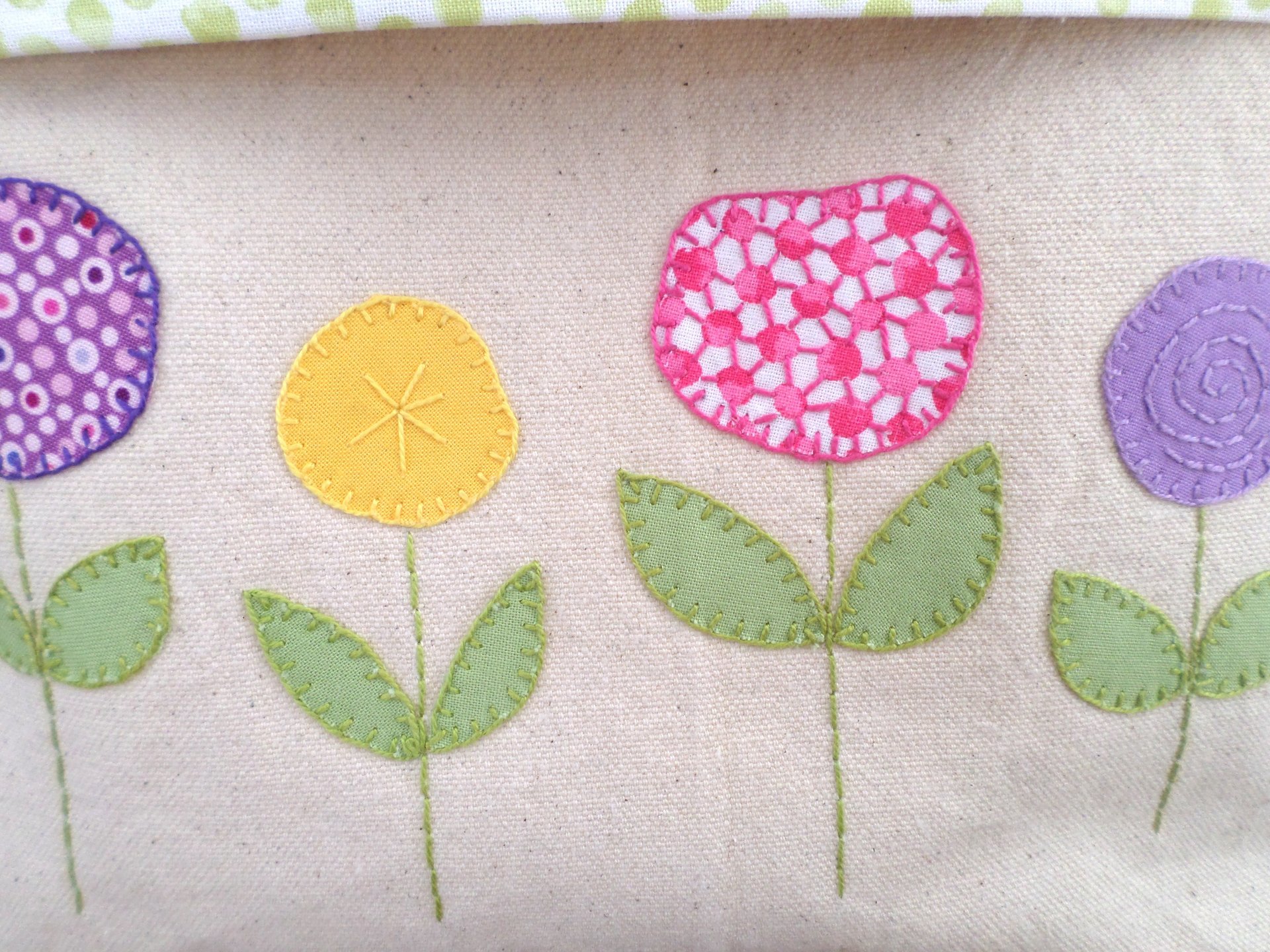 Spring Flowers Hand Embroidered Canvas Fabric Basket