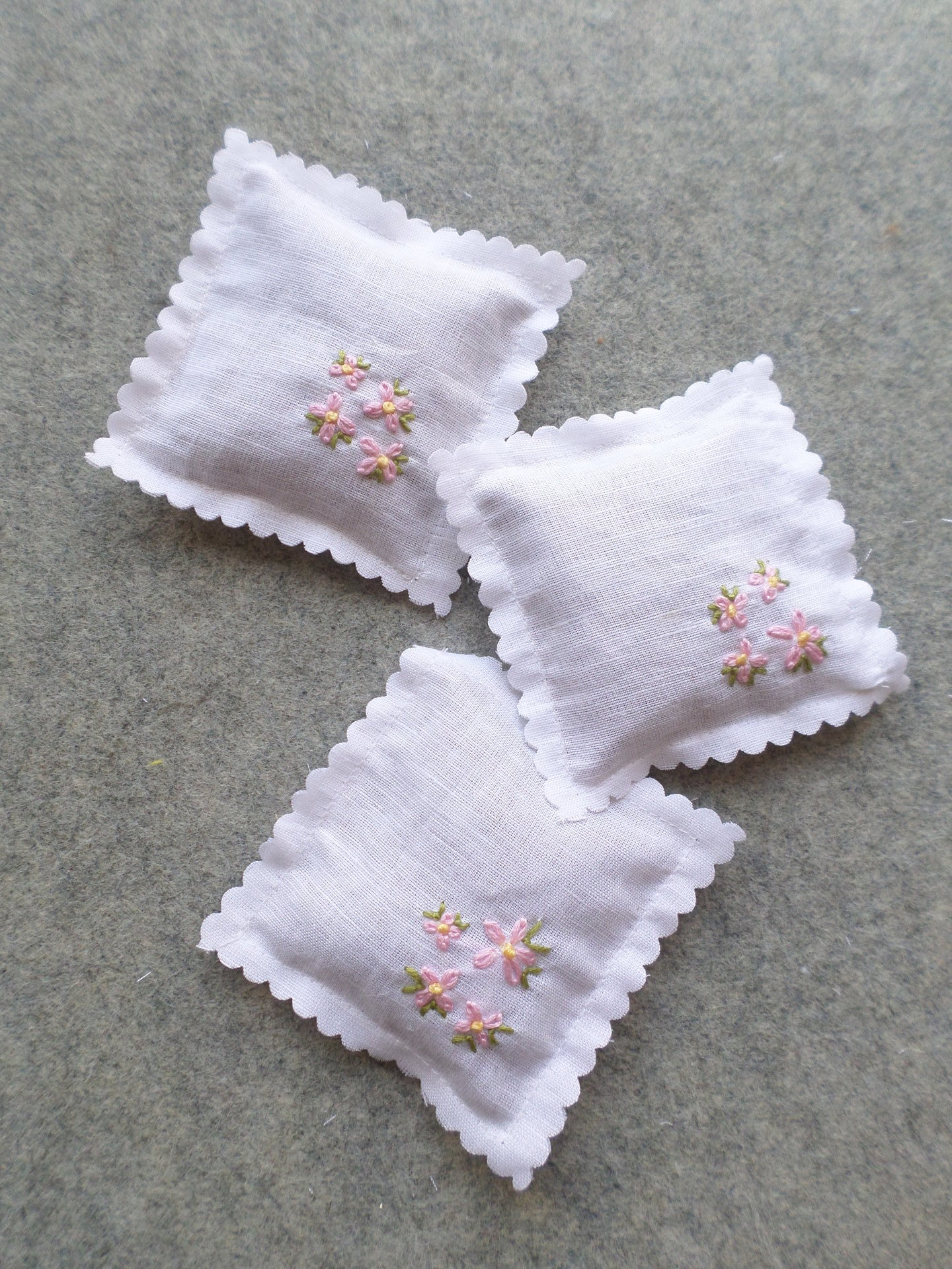 Lavender Sachet Hand Embroidered with Pink Flowers