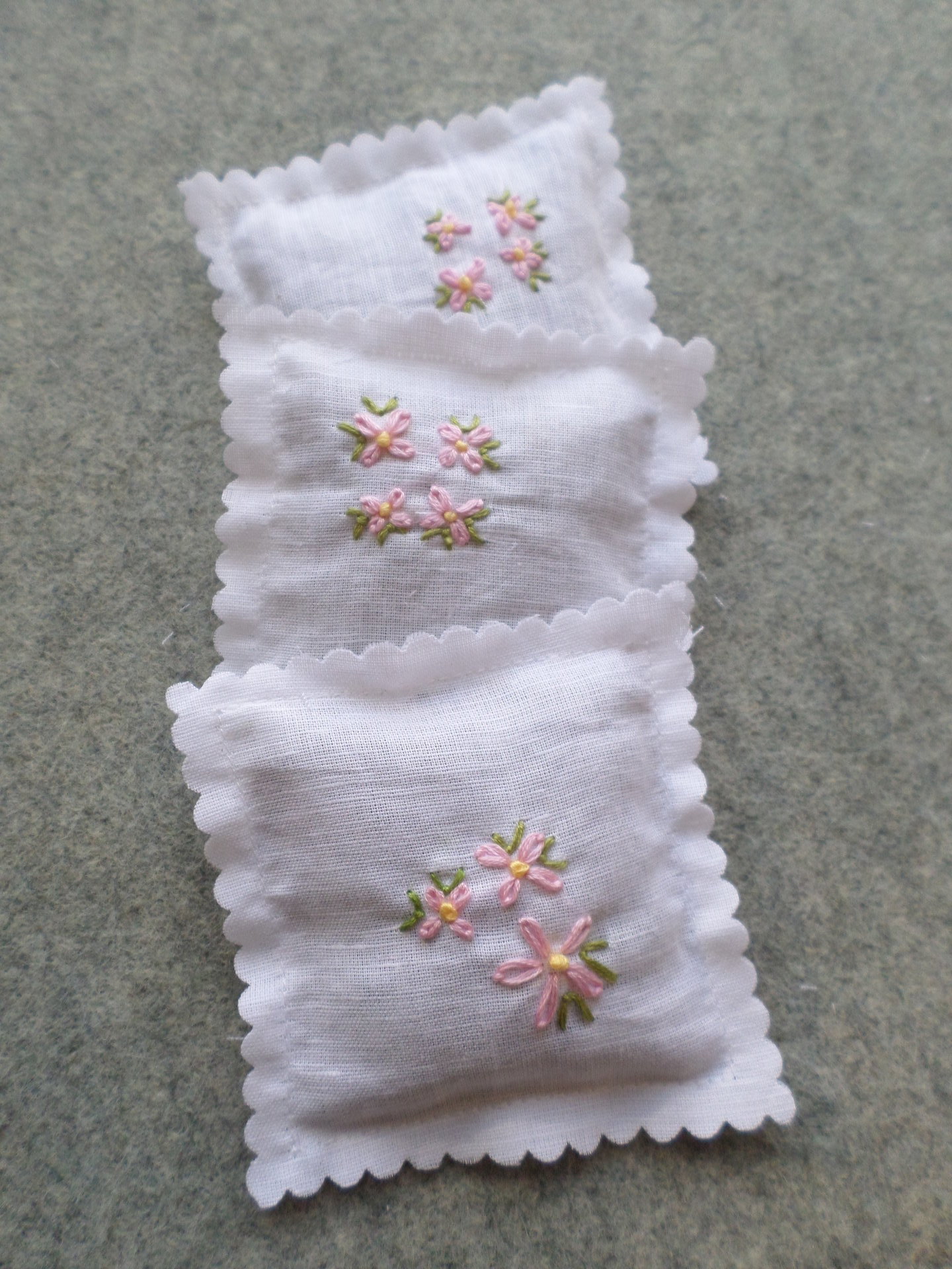 Lavender Sachet Hand Embroidered with Pink Flowers