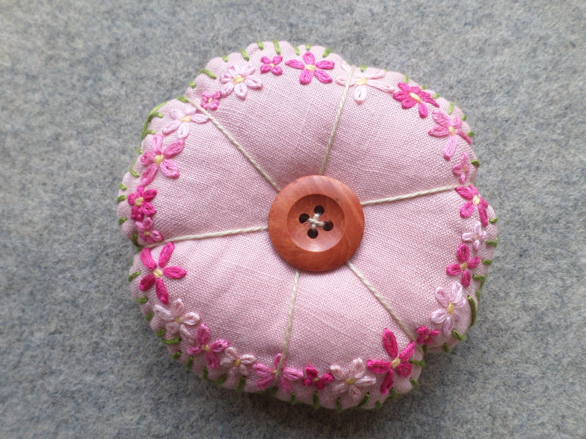 Linen Pincushion with Hand Embroidered Daisies