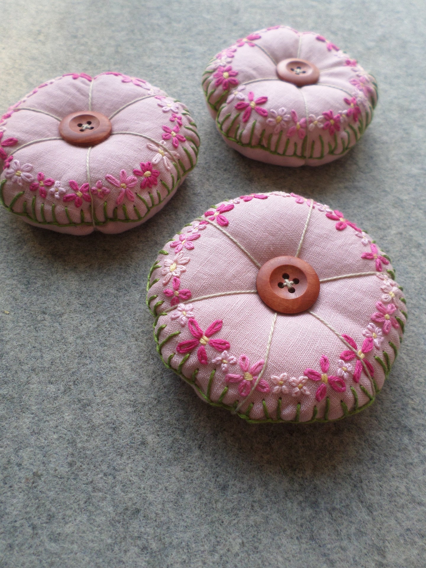 Linen Pincushion with Hand Embroidered Daisies