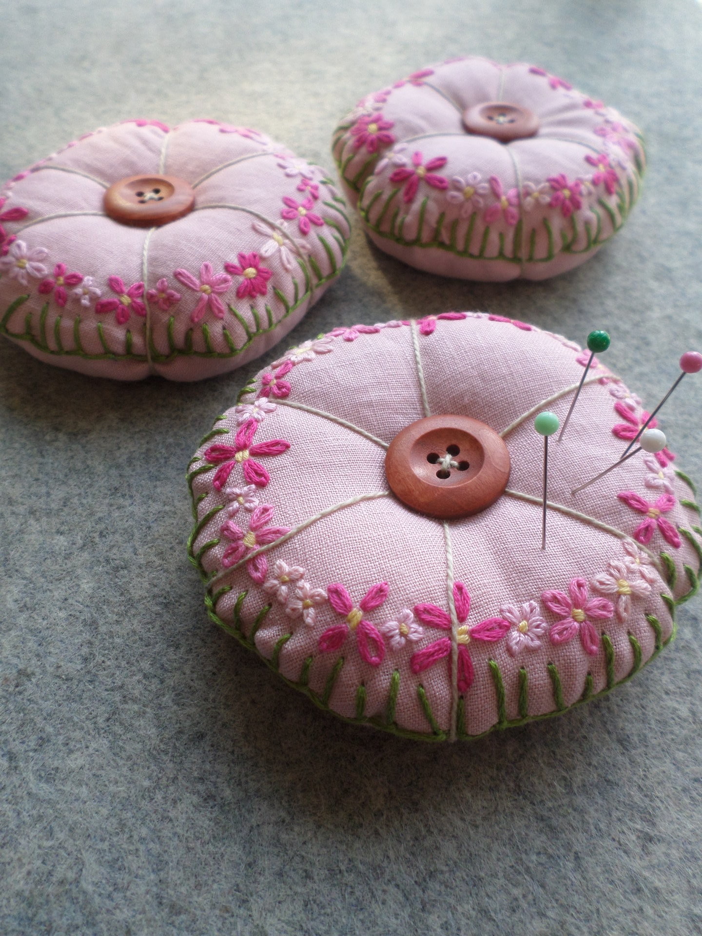 Linen Pincushion with Hand Embroidered Daisies