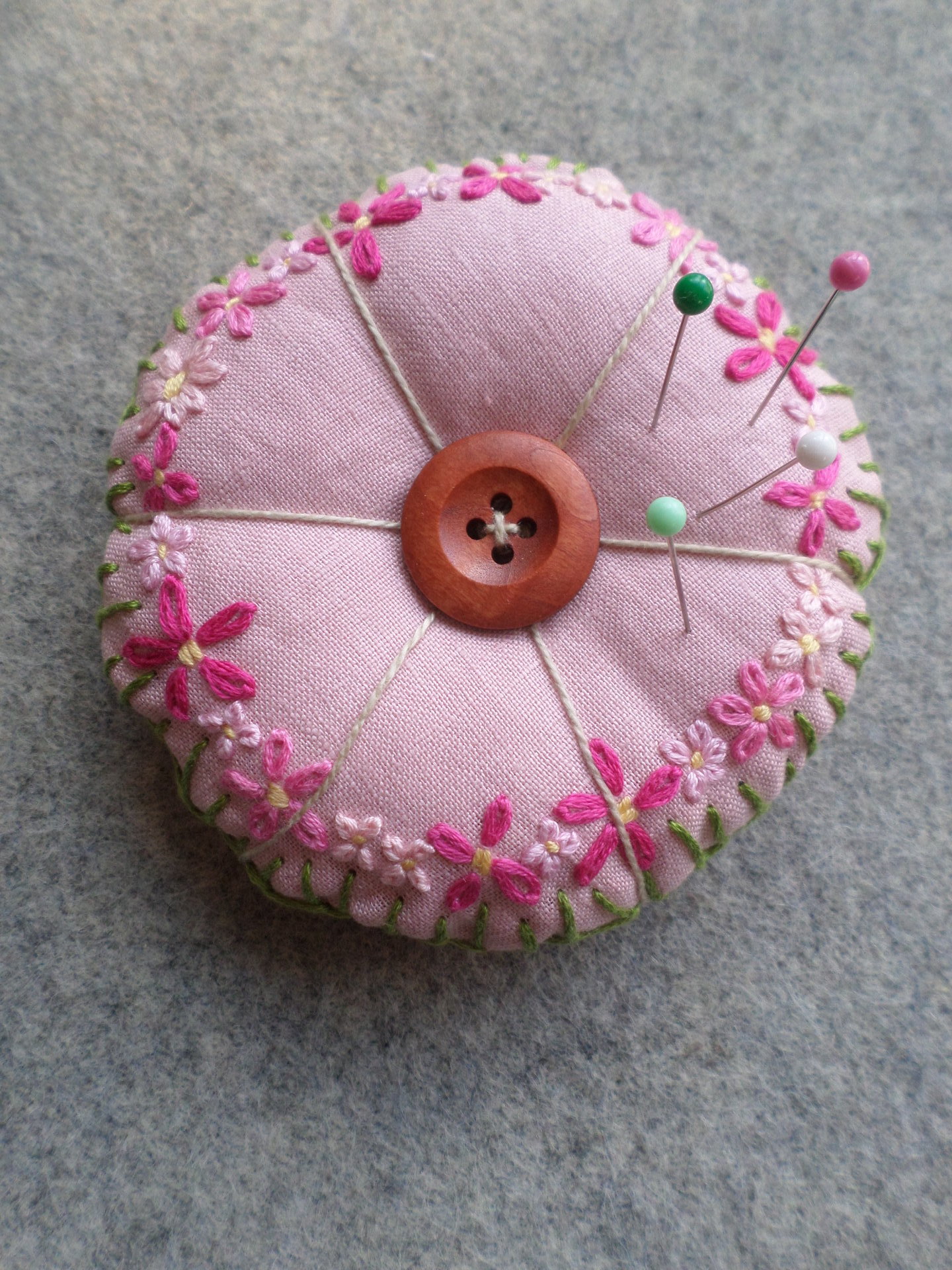 Linen Pincushion with Hand Embroidered Daisies