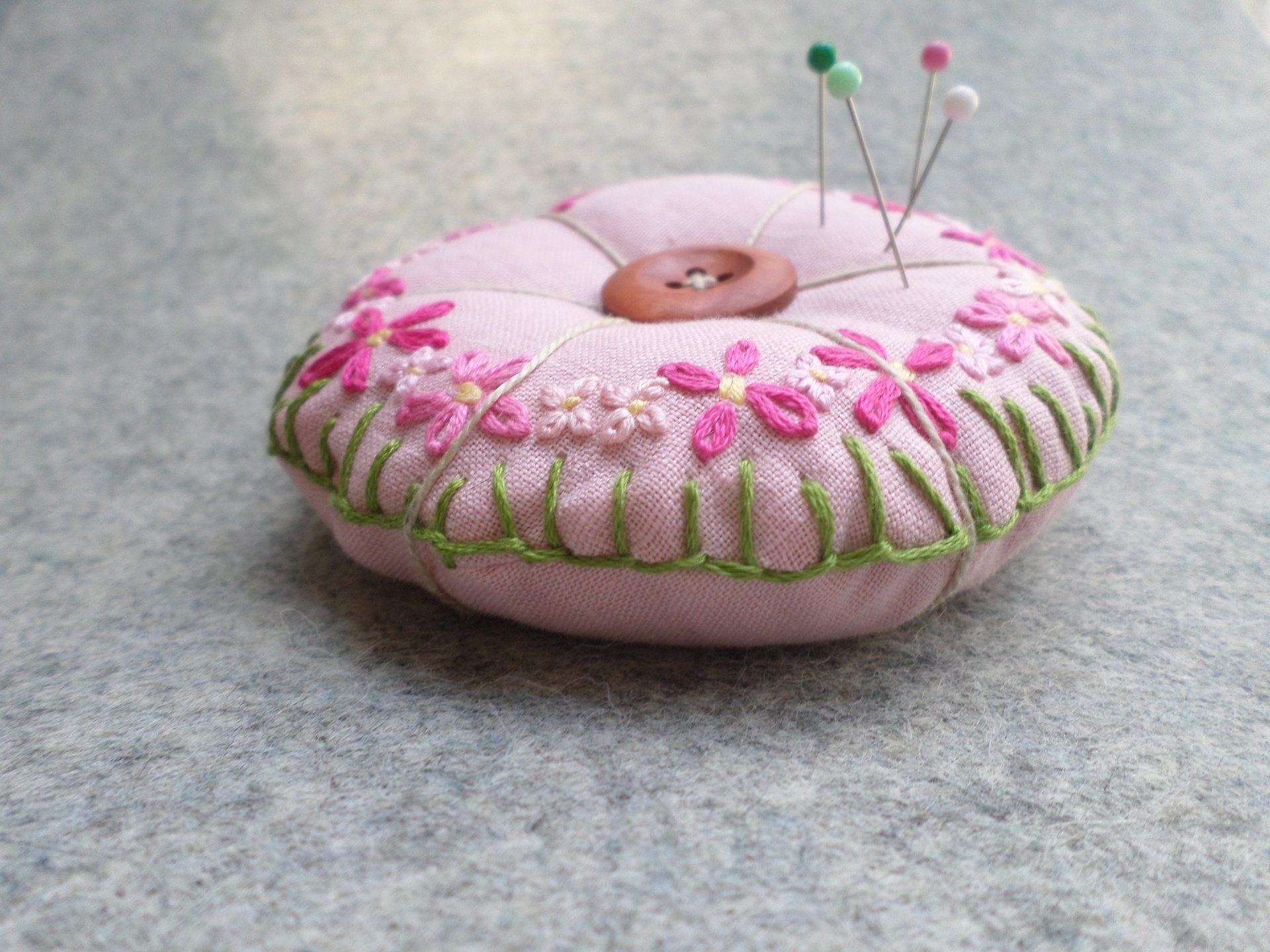 Linen Pincushion with Hand Embroidered Daisies