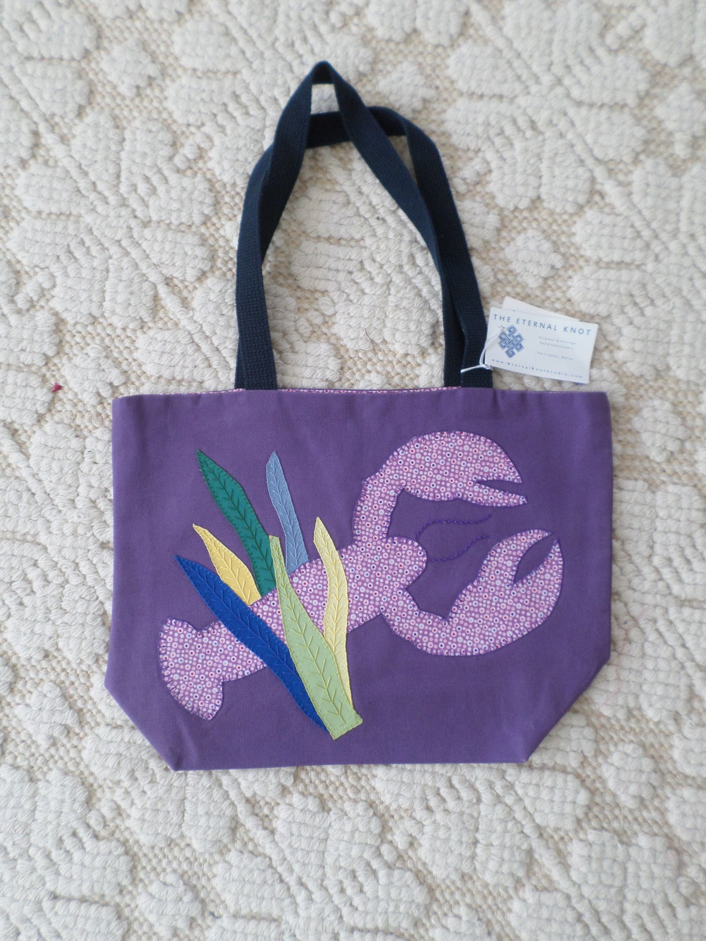 Maine Lobster & Seaweed Hand Embroidered Canvas Tote Bag - SMALL