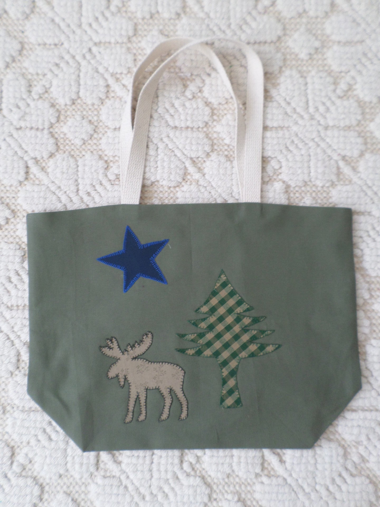 Maine Flag & Moose Hand Embroidered Canvas Tote Bag - MEDIUM