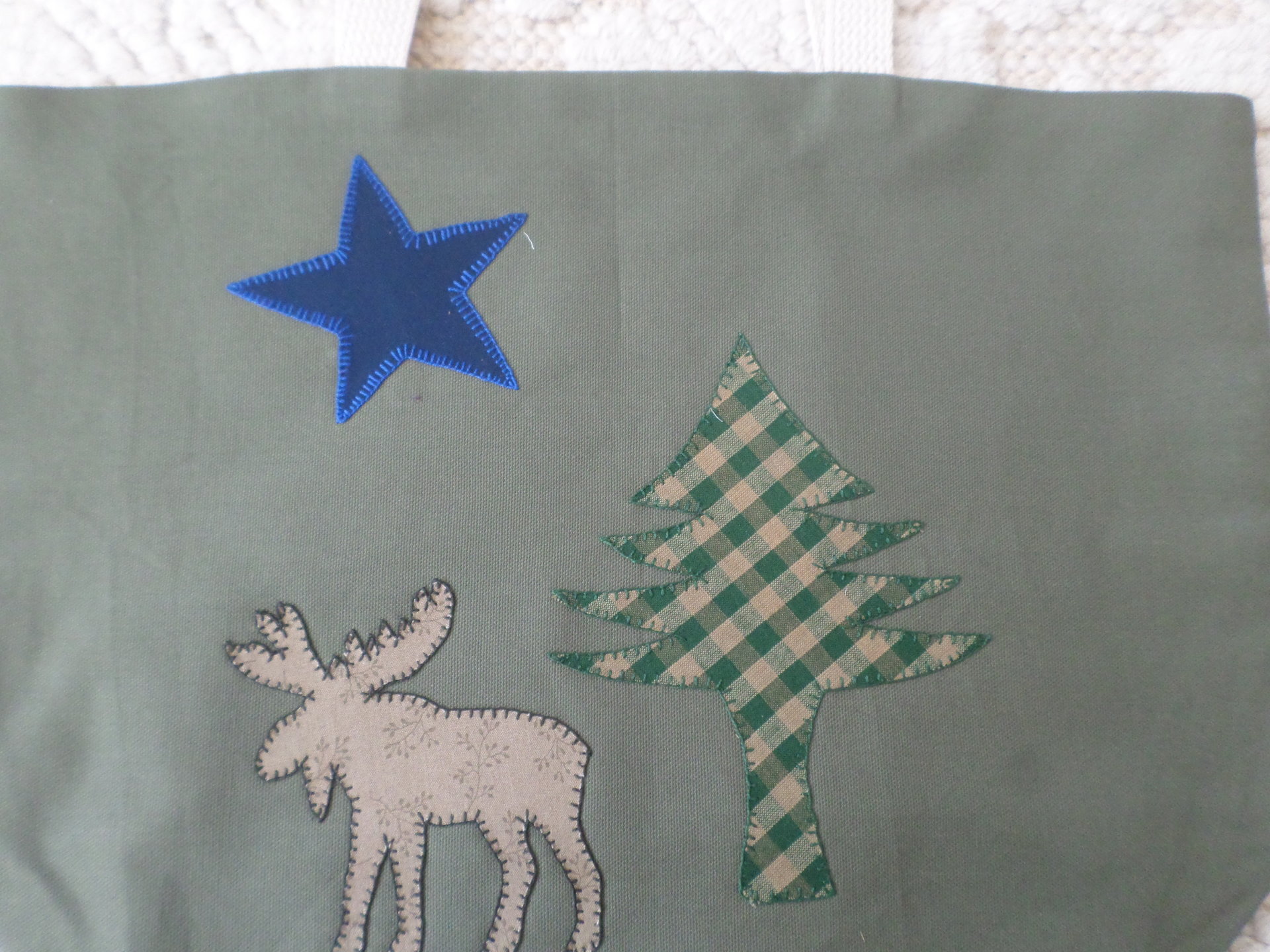 Maine Flag & Moose Hand Embroidered Canvas Tote Bag - MEDIUM