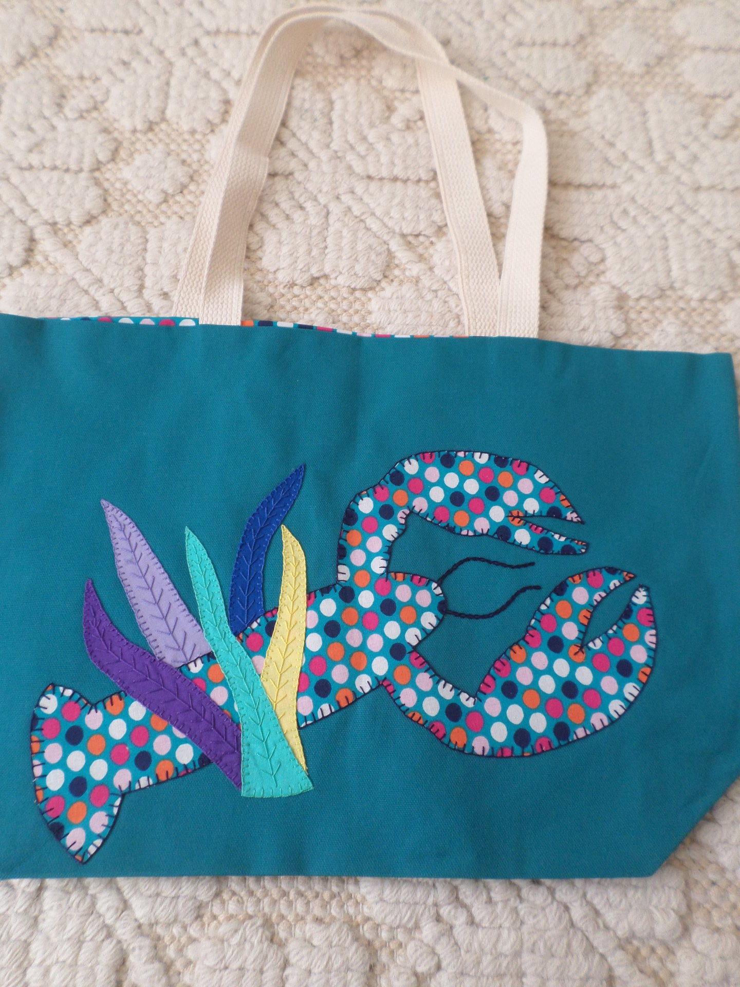 Maine Lobster & Seaweed Hand Embroidered Canvas Tote Bag - MEDIUM