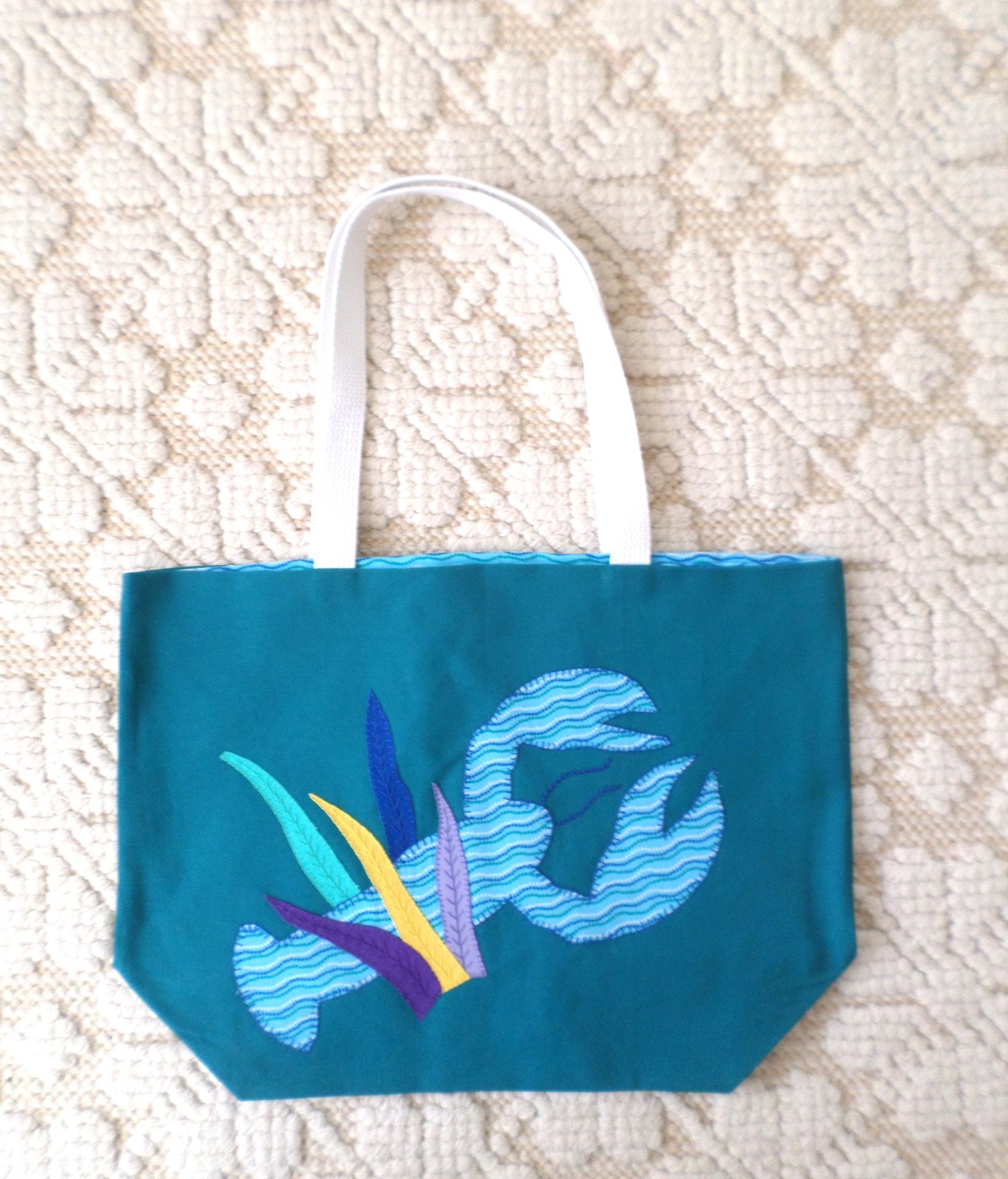 Maine Lobster & Seaweed Hand Embroidered Canvas Tote Bag - MEDIUM