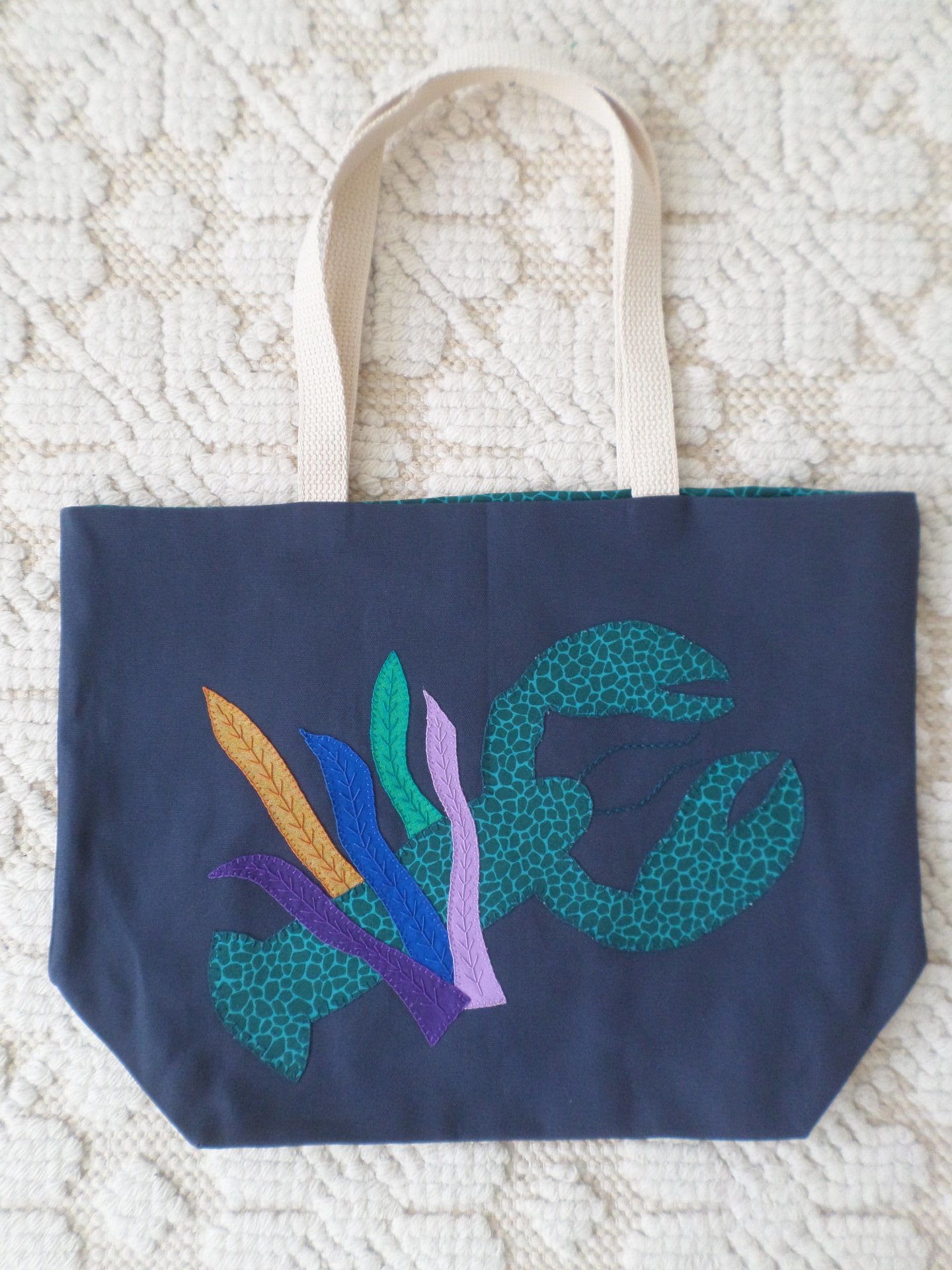 Maine Lobster & Seaweed Hand Embroidered Canvas Tote Bag - MEDIUM