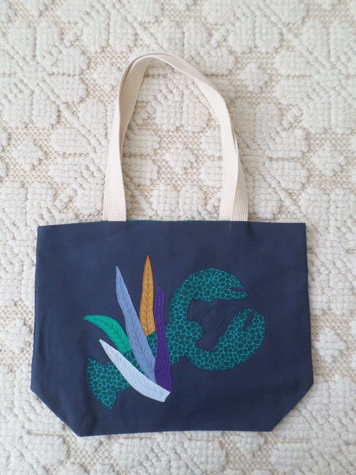 Maine Lobster & Seaweed Hand Embroidered Canvas Tote Bag - SMALL