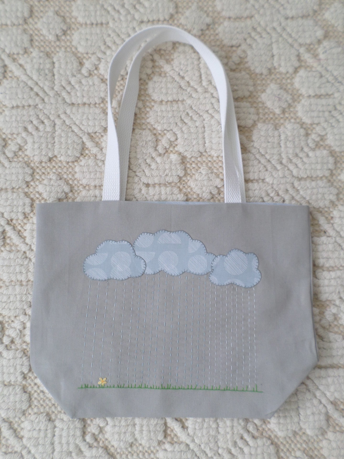 Rainy Day Hand Embroidered Canvas Tote Bag - SMALL