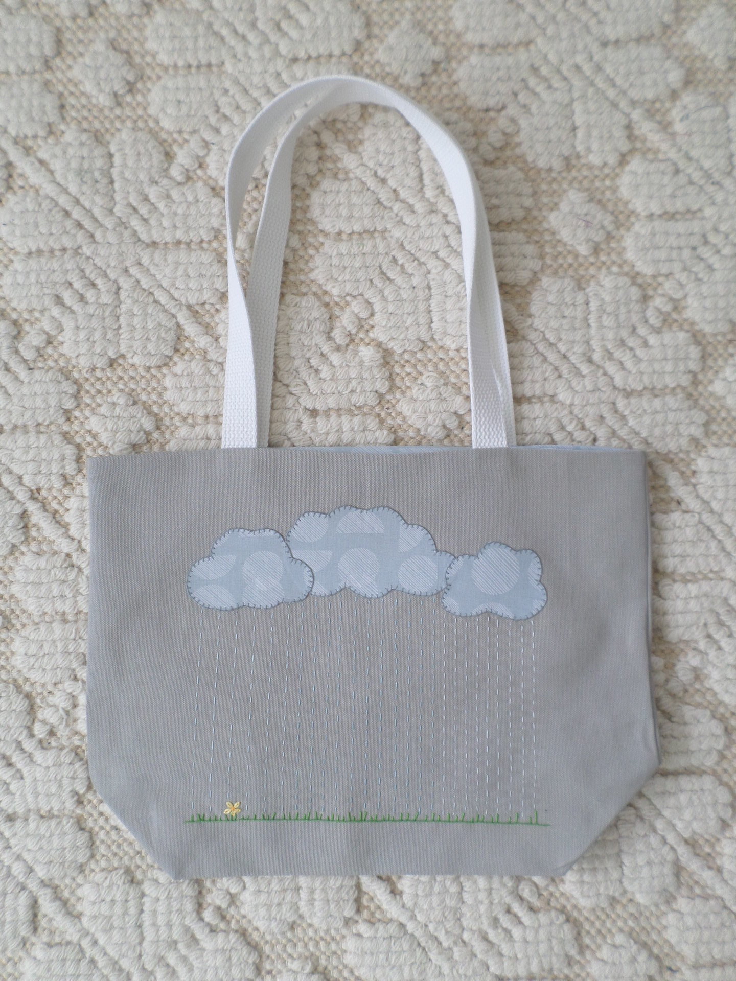 Rainy Day Hand Embroidered Canvas Tote Bag - SMALL