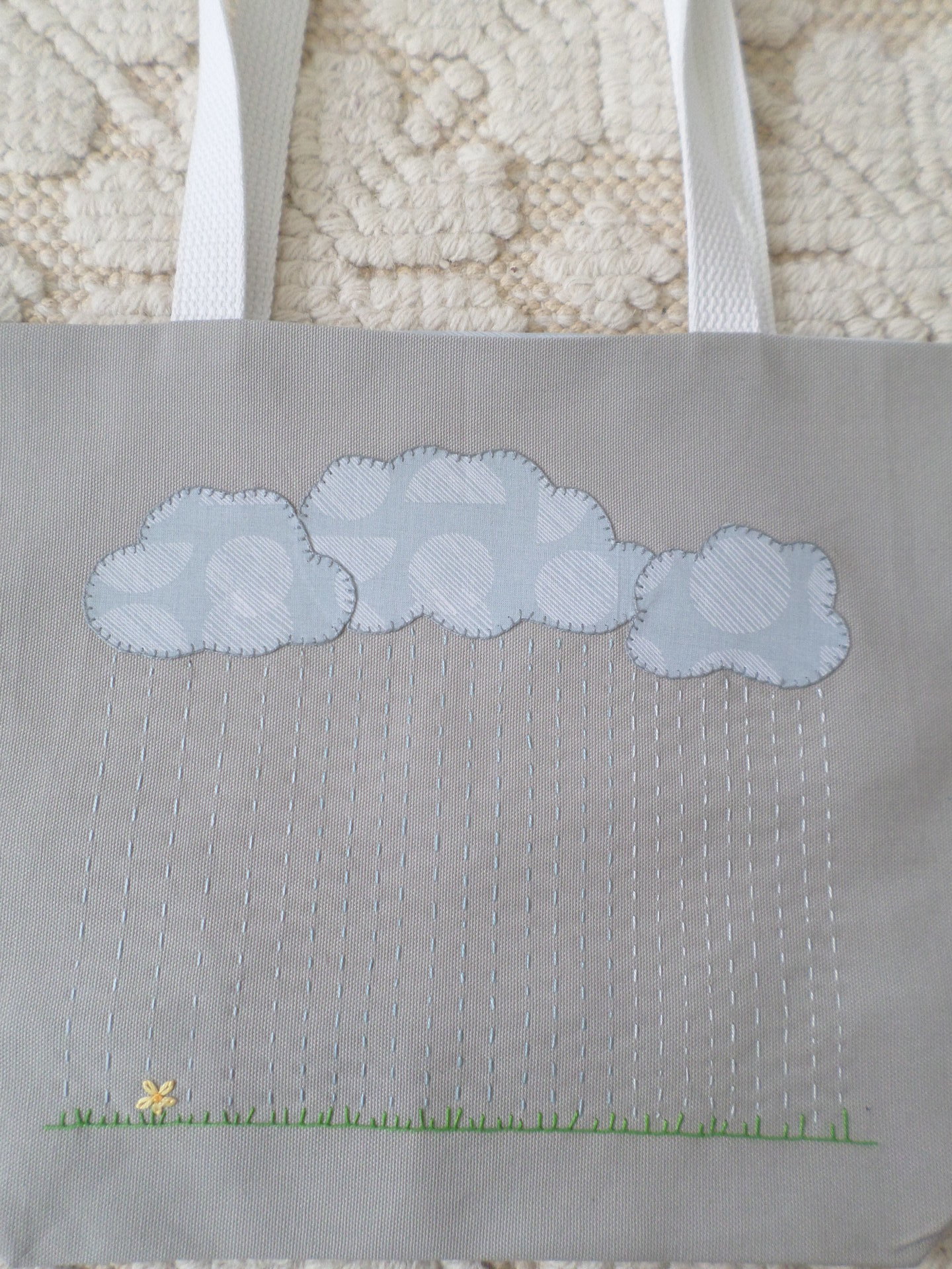 Rainy Day Hand Embroidered Canvas Tote Bag - SMALL