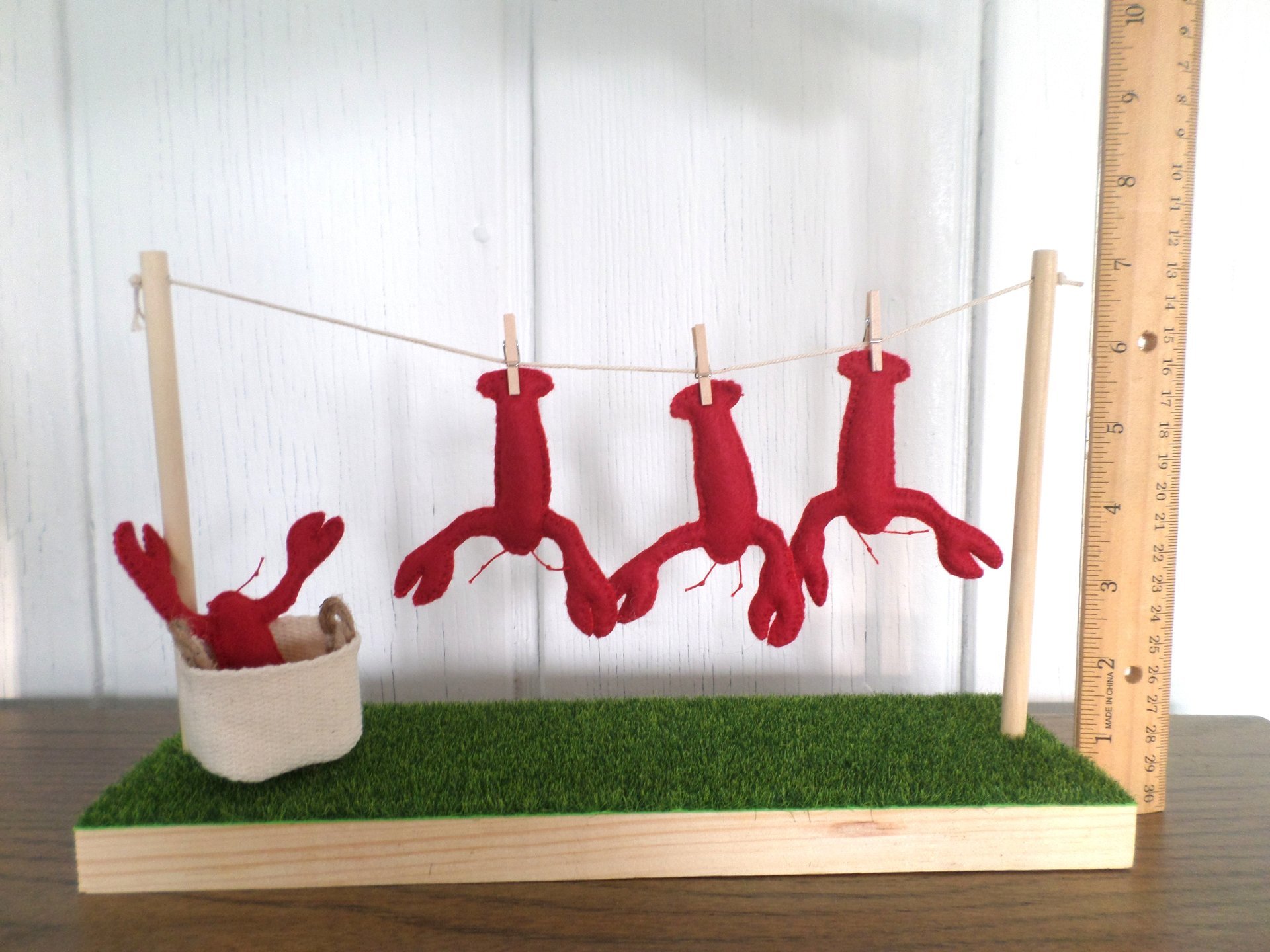 Miniature Downeast Maine Clothesline with Red Lobsters and Laundry Basket 