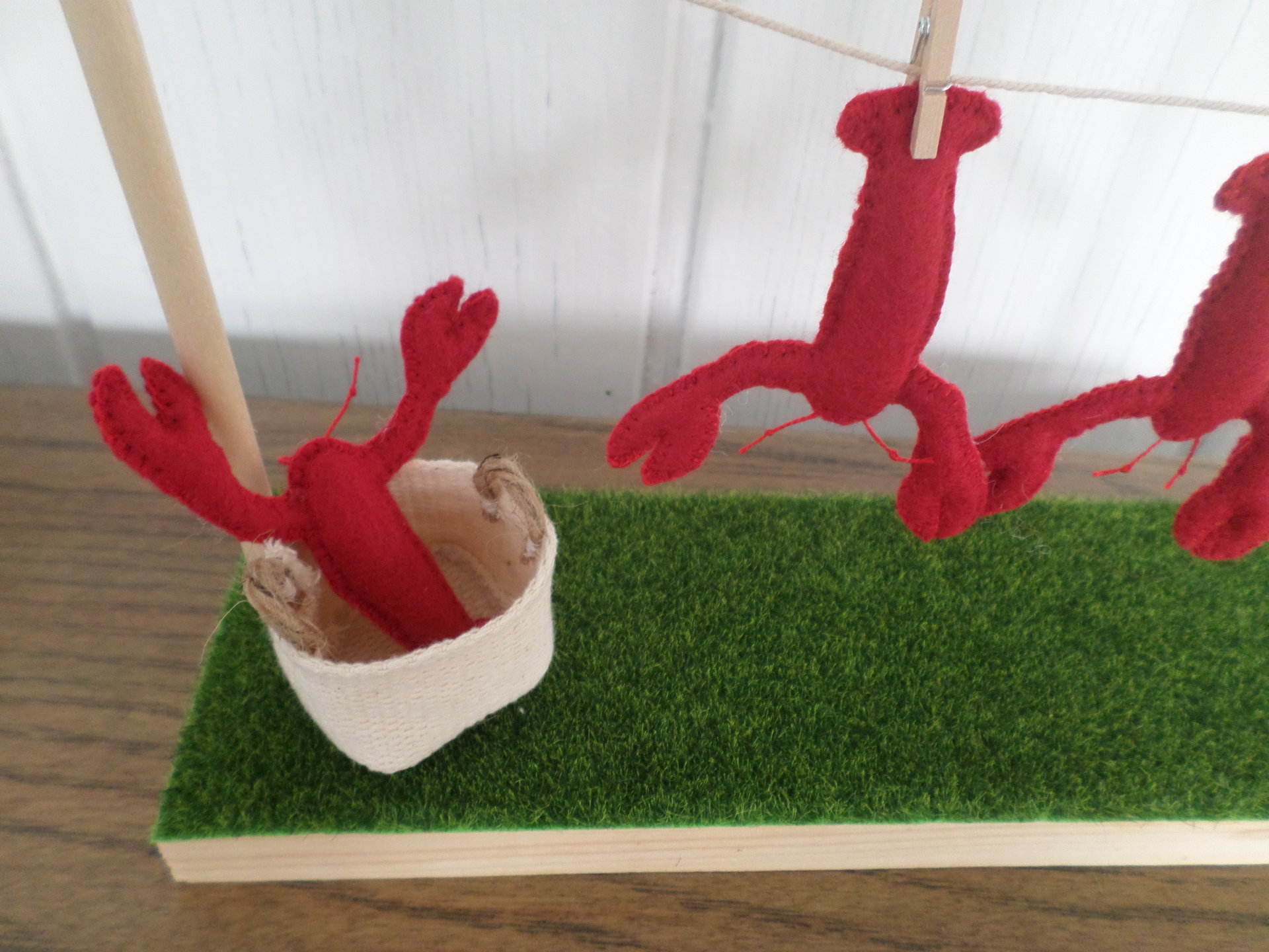 Miniature Downeast Maine Clothesline with Red Lobsters and Laundry Basket 