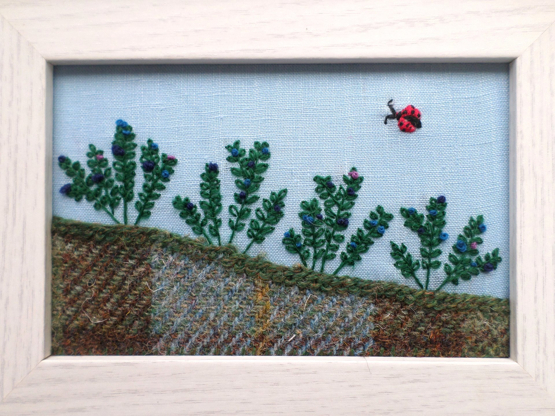 Wild Maine Blueberry Barren 7" x 9" Hand-Embroidered Crewel Wall Art