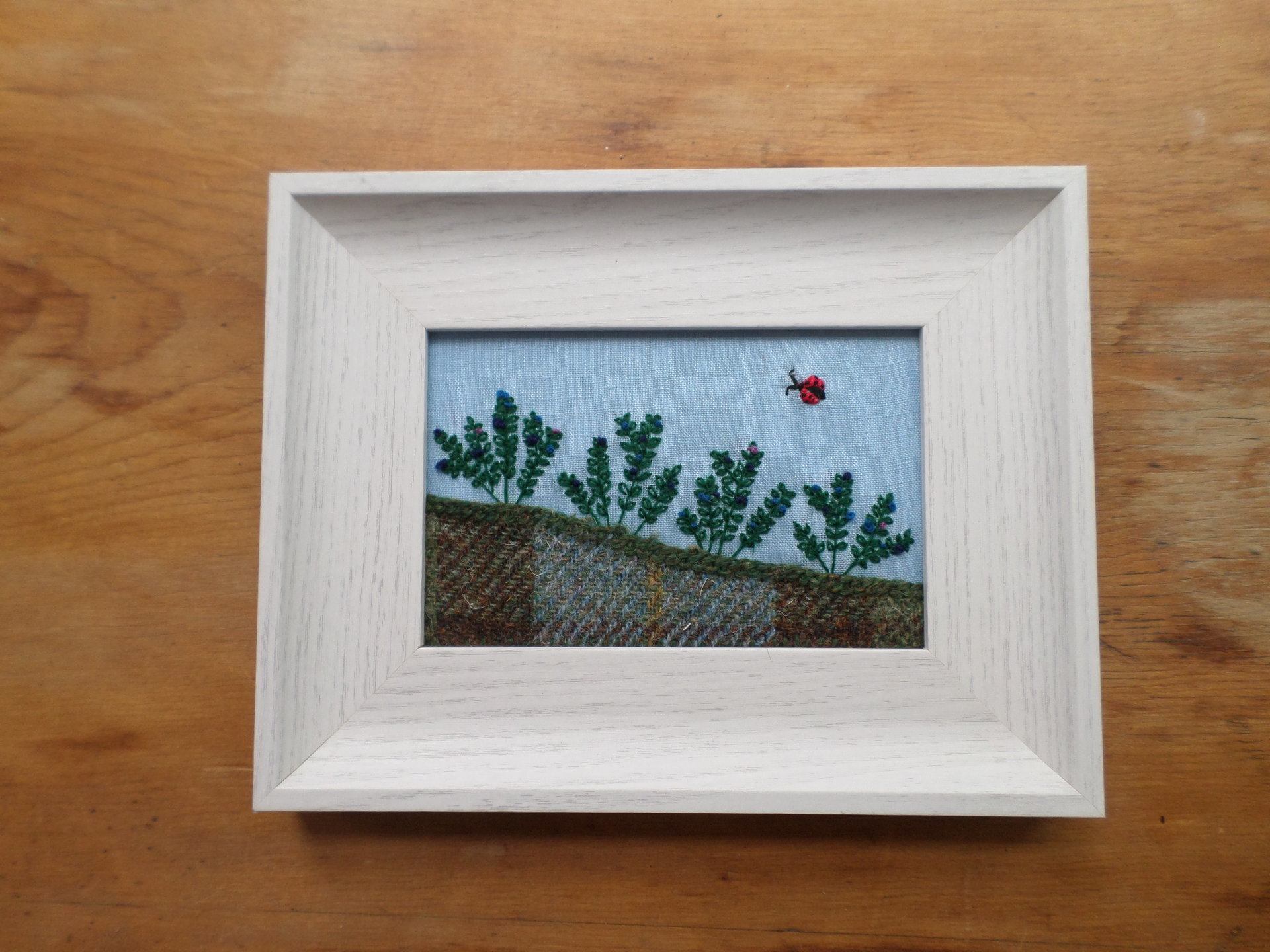 Wild Maine Blueberry Barren 7" x 9" Hand-Embroidered Crewel Wall Art
